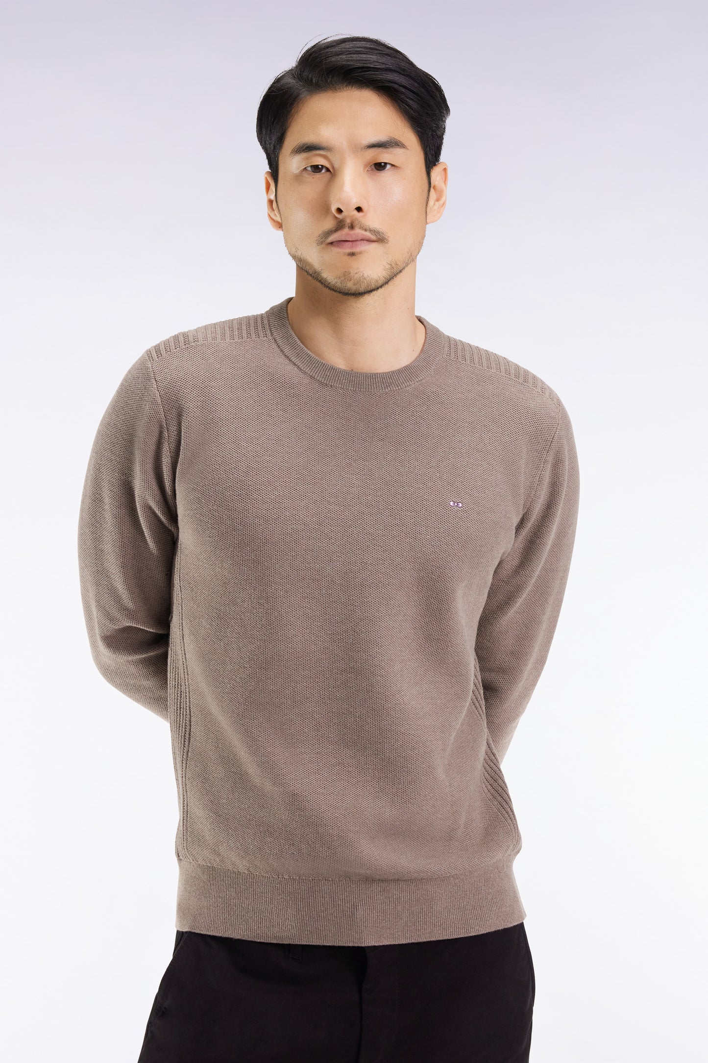 Brown cotton honeycomb round-neck sweater