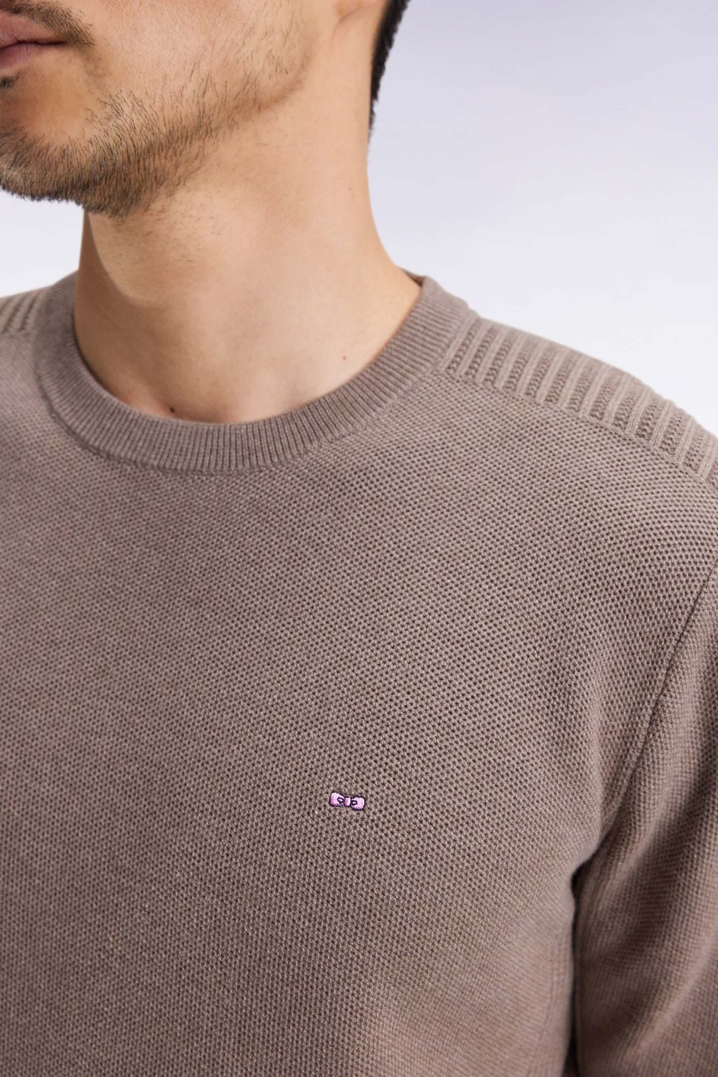 Brown cotton honeycomb round-neck sweater