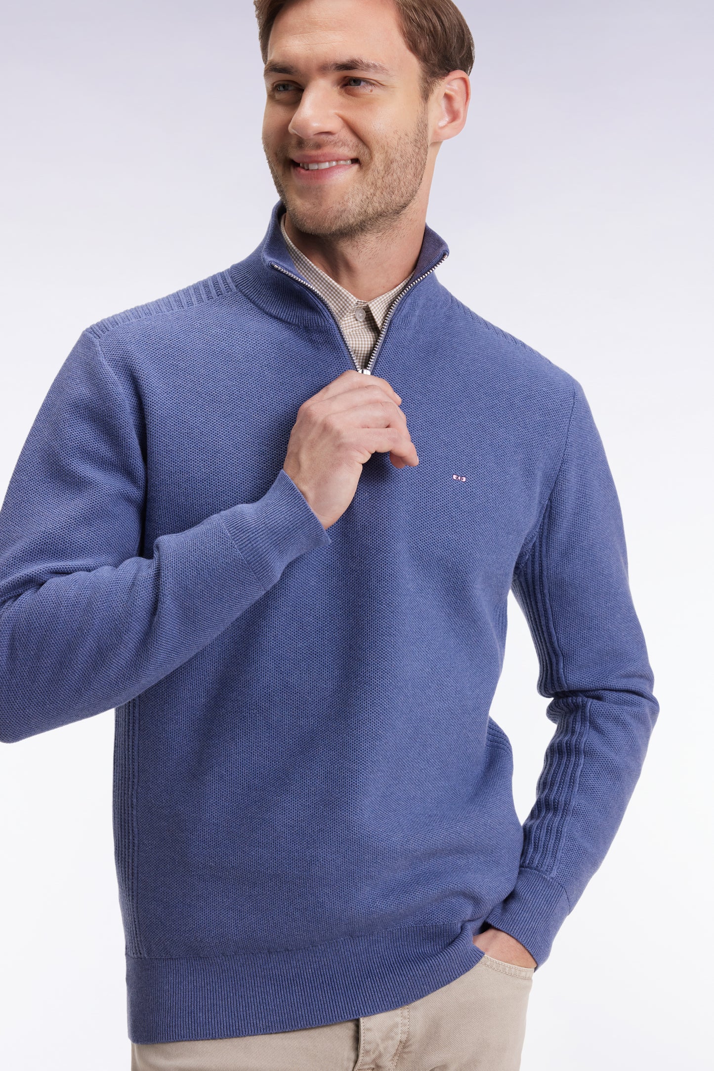 Blue cotton honeycomb trucker-neck sweater