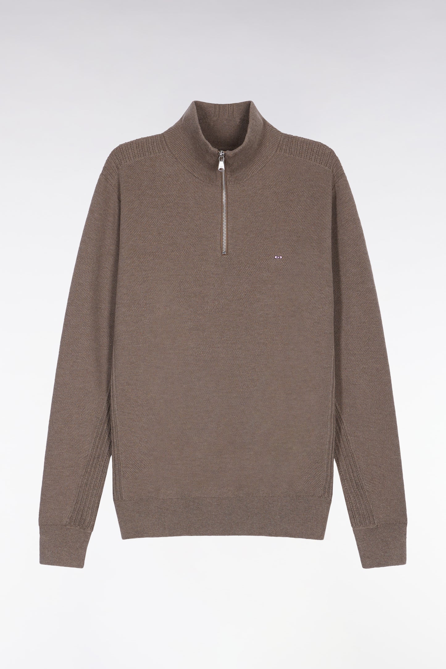 Brown cotton honeycomb trucker-neck sweater