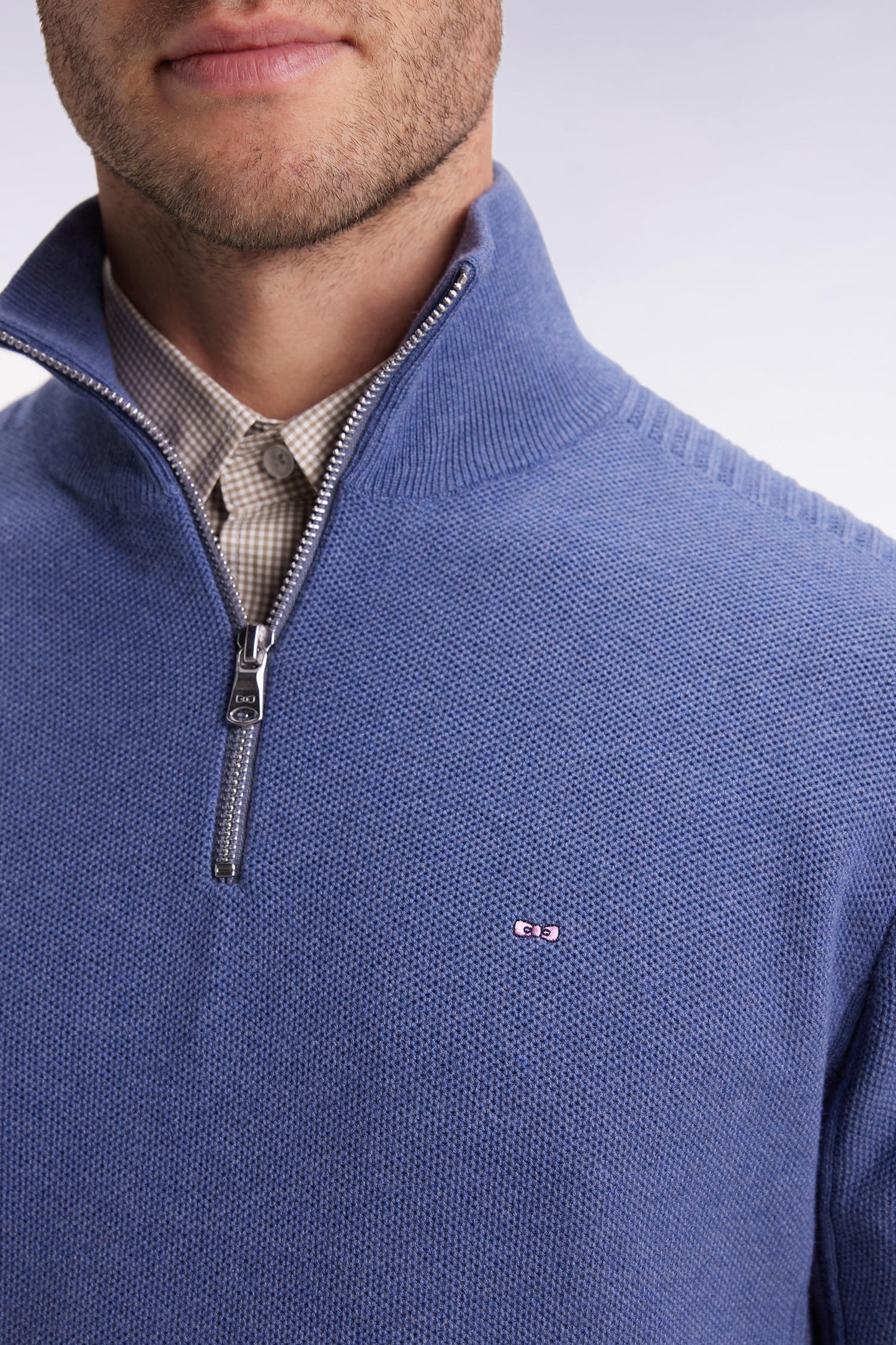 Blue cotton honeycomb trucker-neck sweater