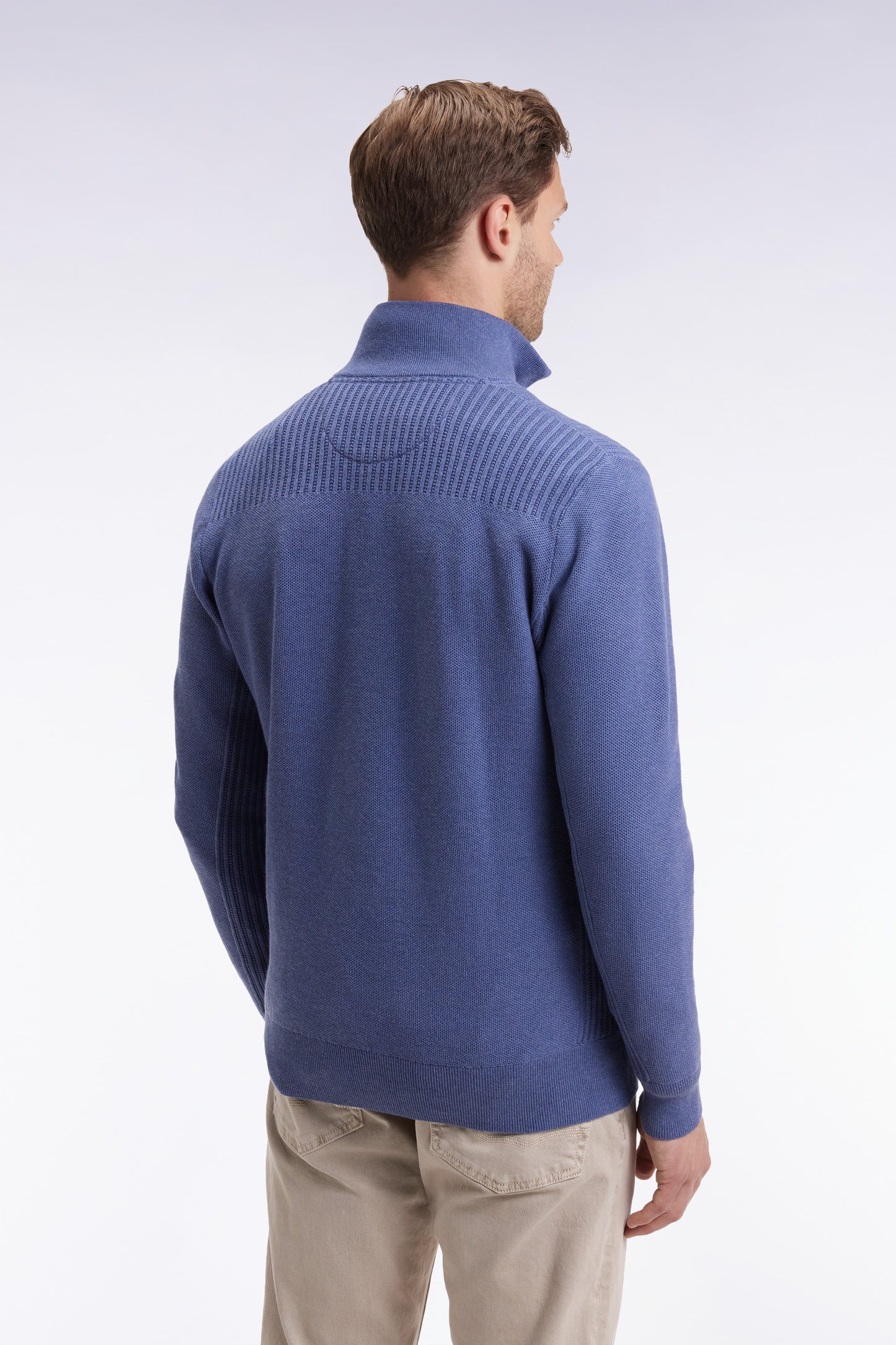 Blue cotton honeycomb trucker-neck sweater
