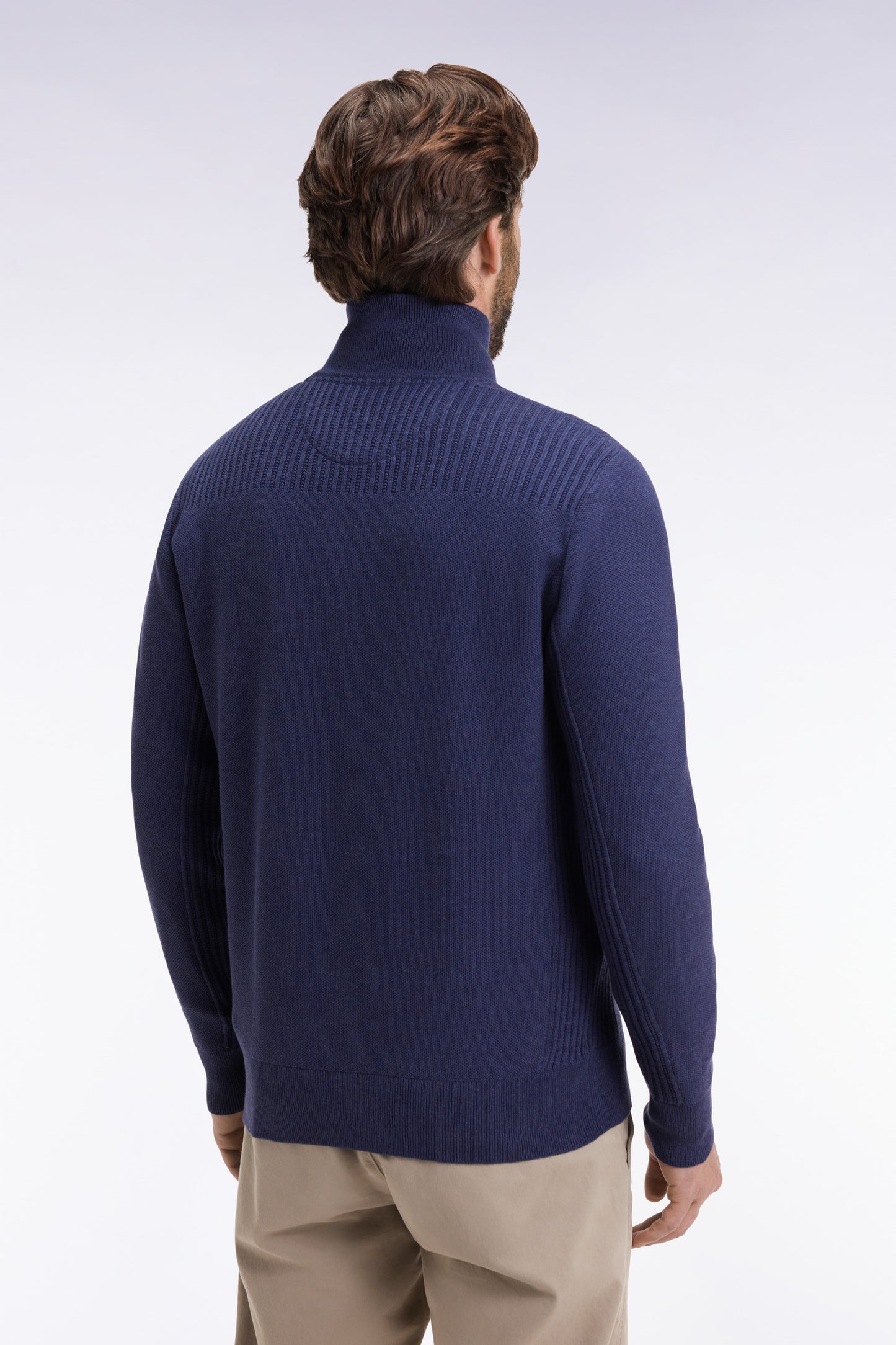 Navy cotton honeycomb trucker-neck sweater