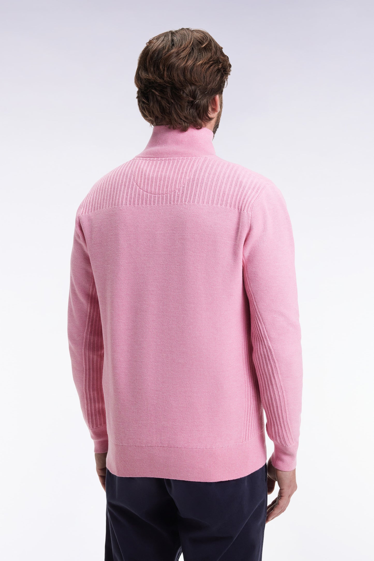 Pink cotton honeycomb trucker-neck sweater