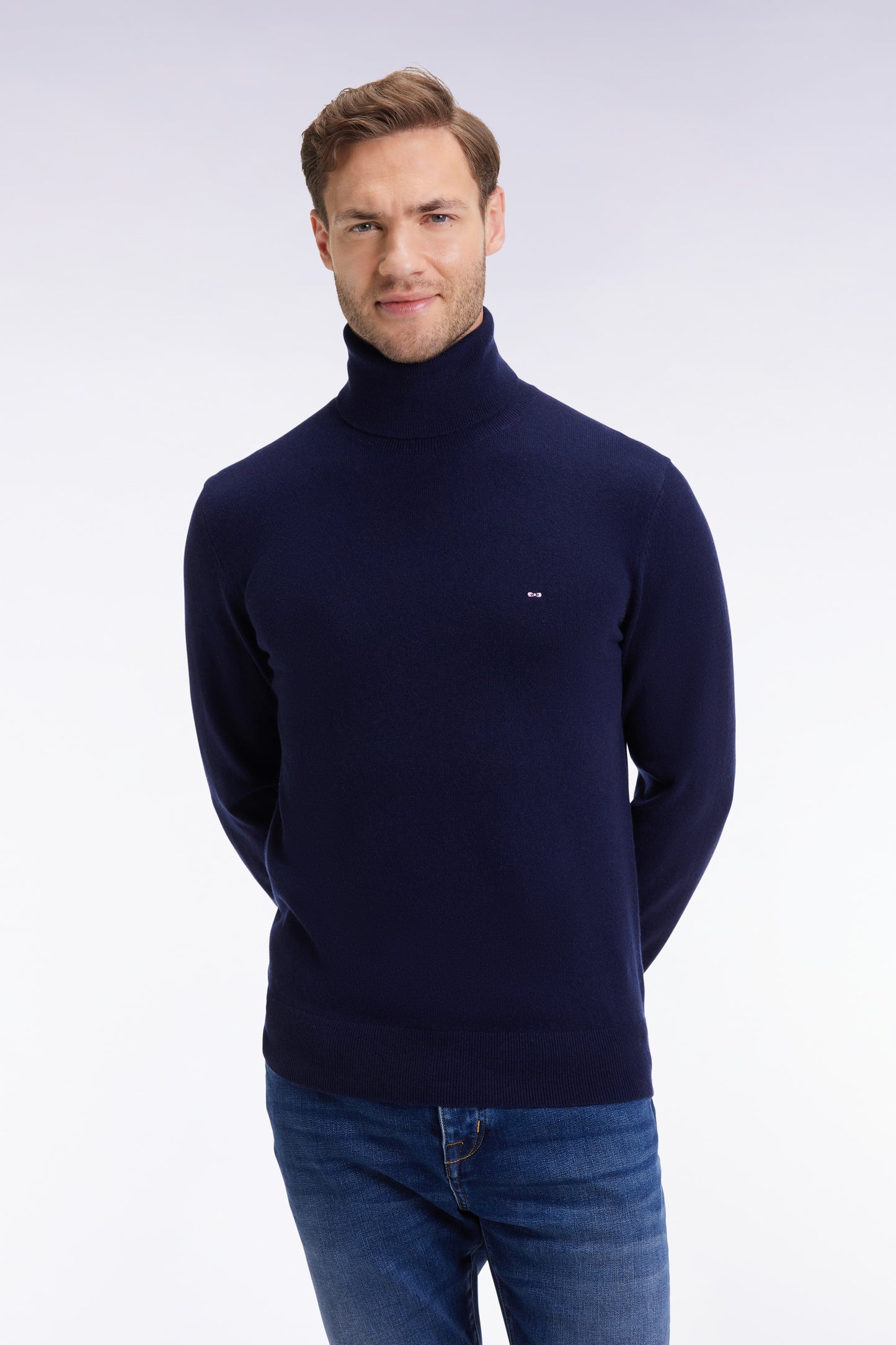 Virgin wool and navy cashmere turtleneck sweater