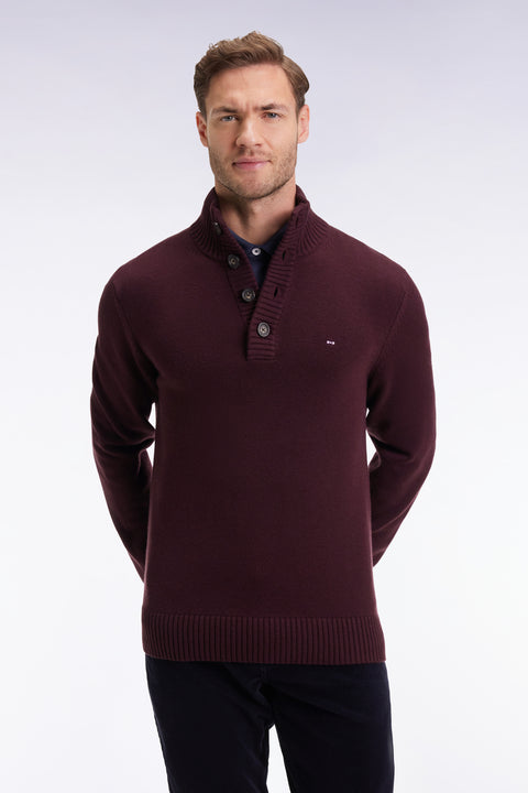 Chunky high-neck sweater in burgundy wool and cotton - Image 1