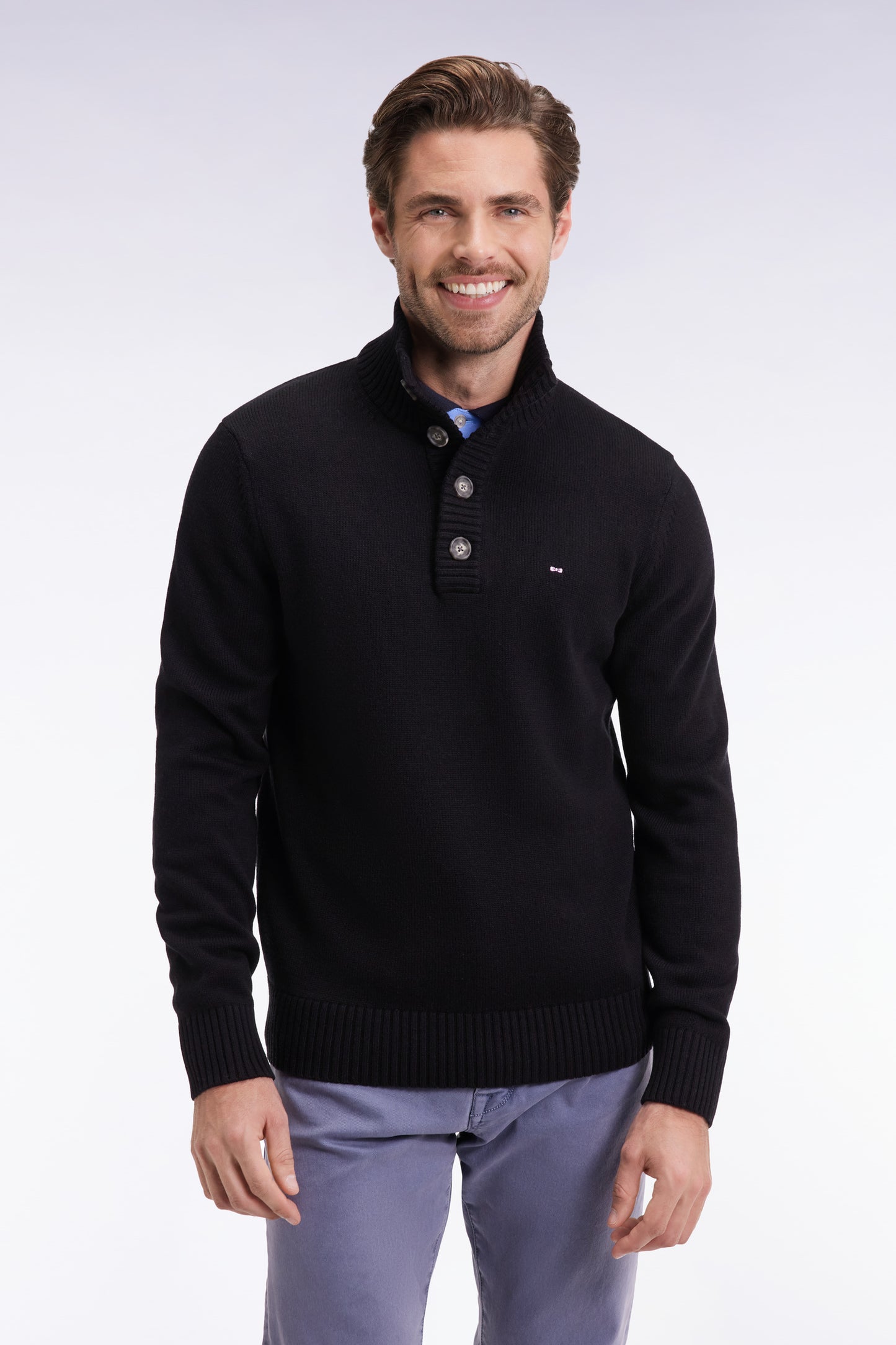 Black wool and cotton thick stand-up collar sweater