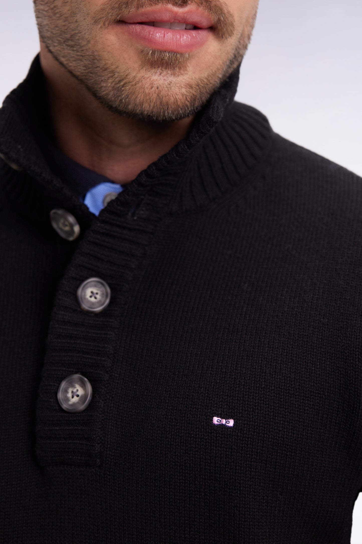 Black wool and cotton thick stand-up collar sweater