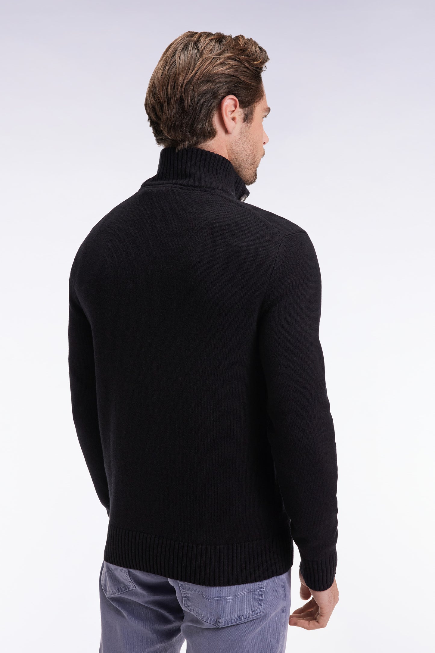 Black wool and cotton thick stand-up collar sweater