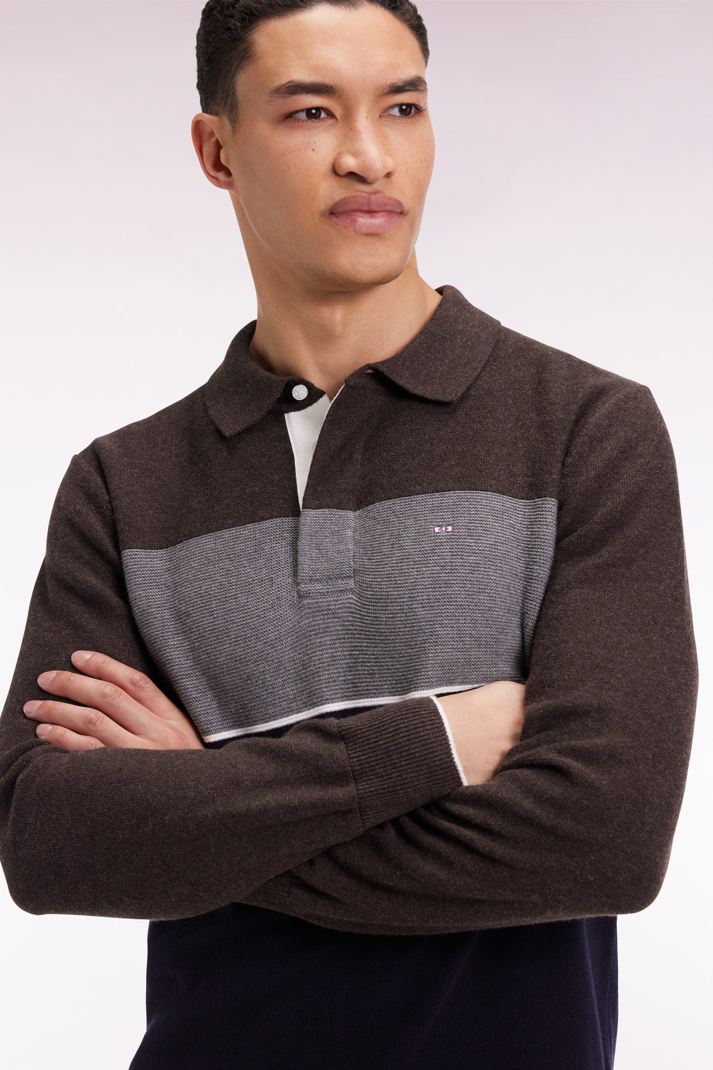 Navy and grey wool and cotton jersey-neck sweater