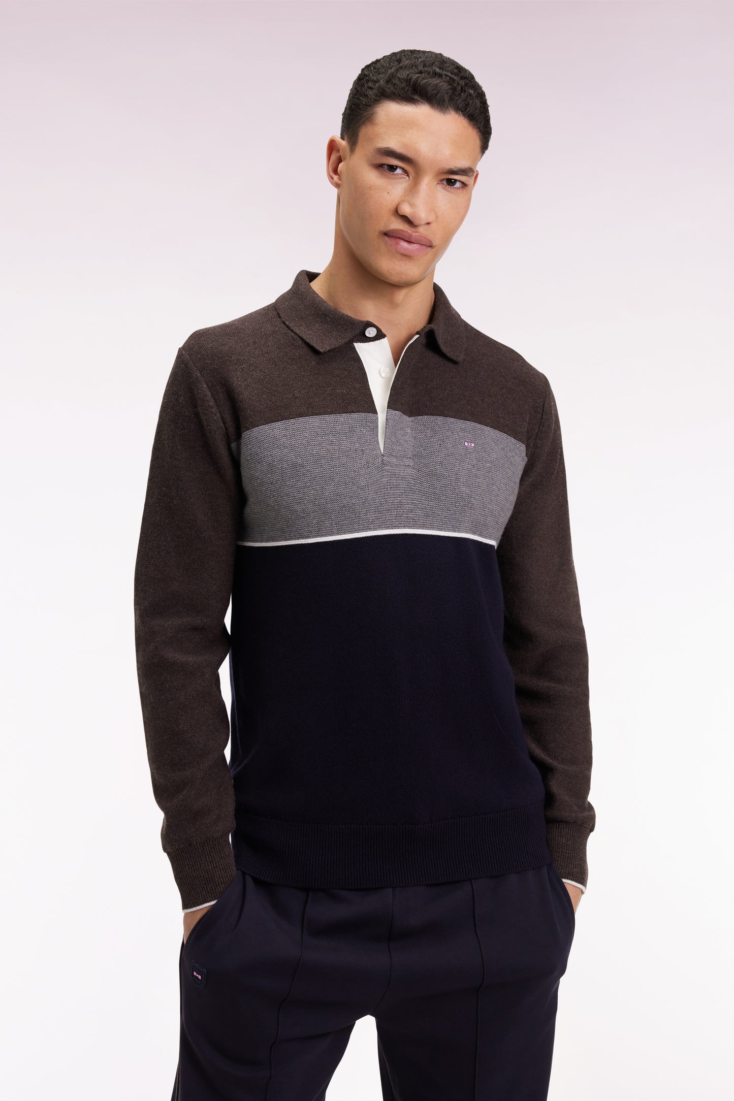 Navy and grey wool and cotton jersey-neck sweater