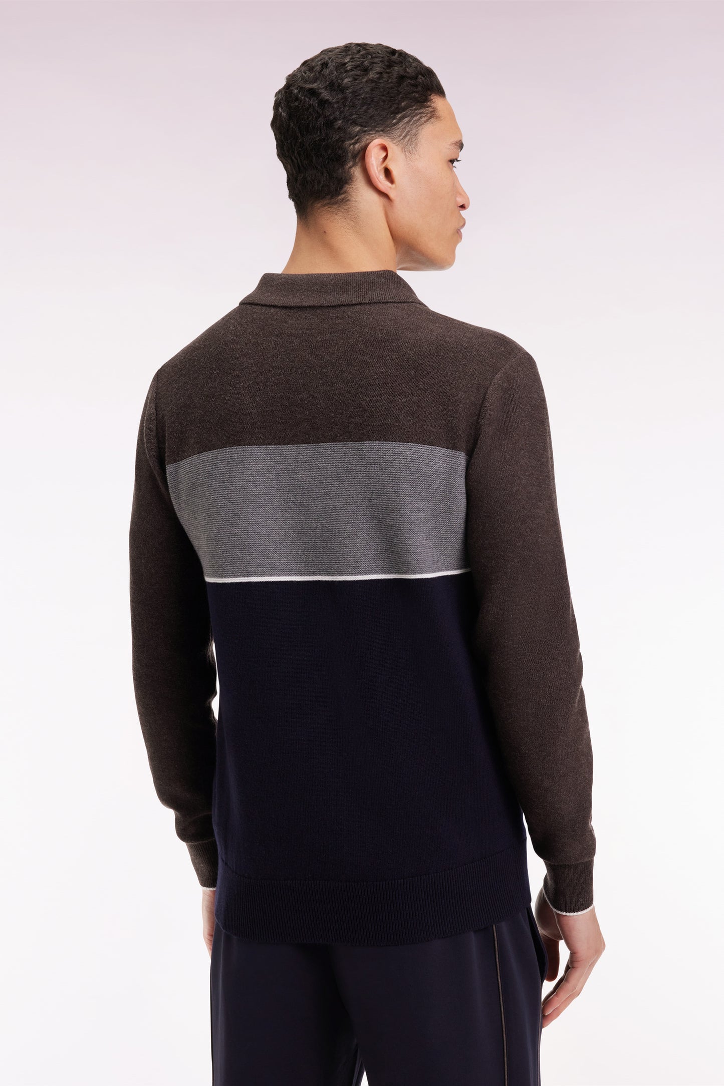 Navy and grey wool and cotton jersey-neck sweater