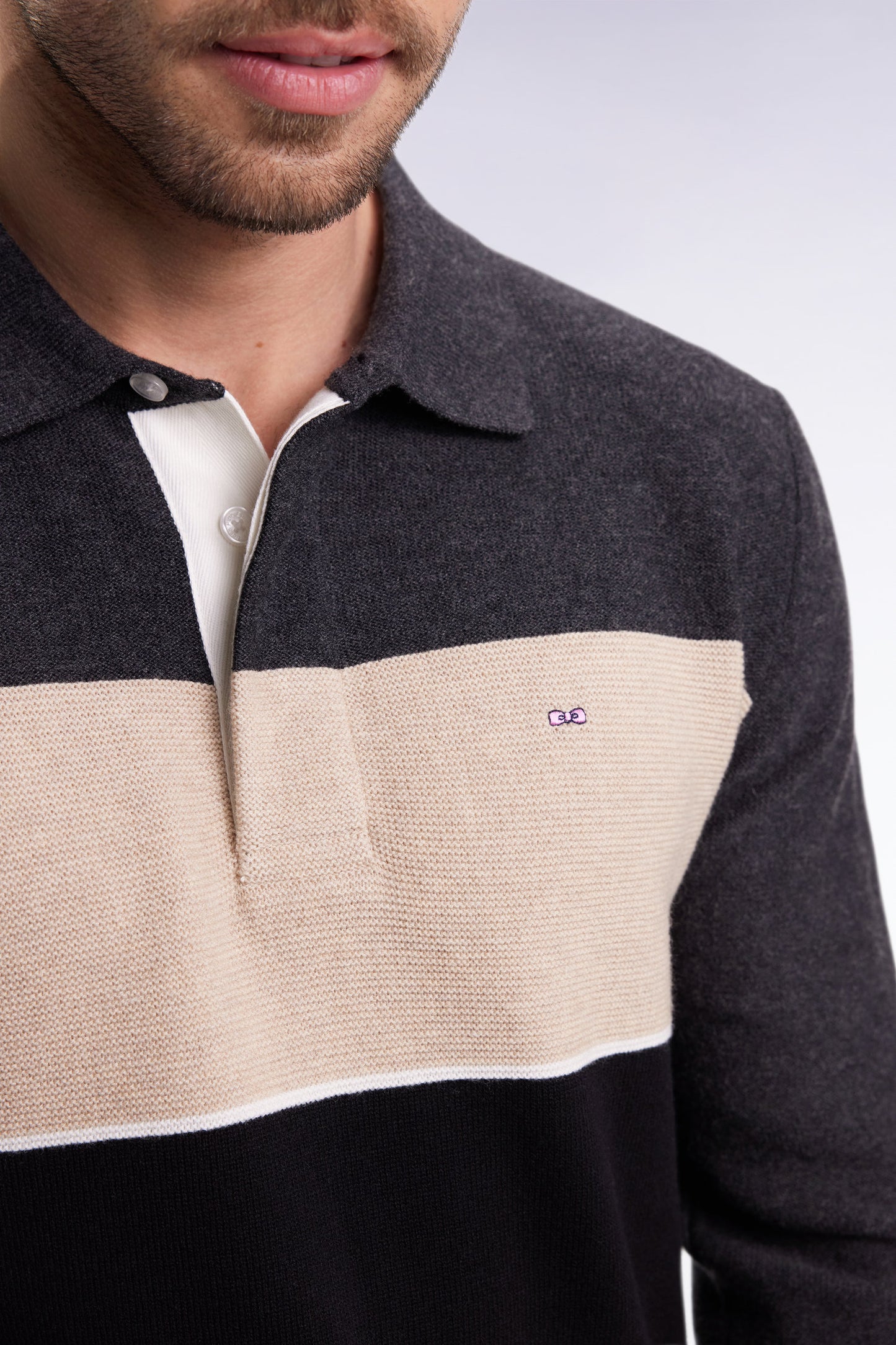 Black, grey and beige wool and cotton jersey-neck sweater