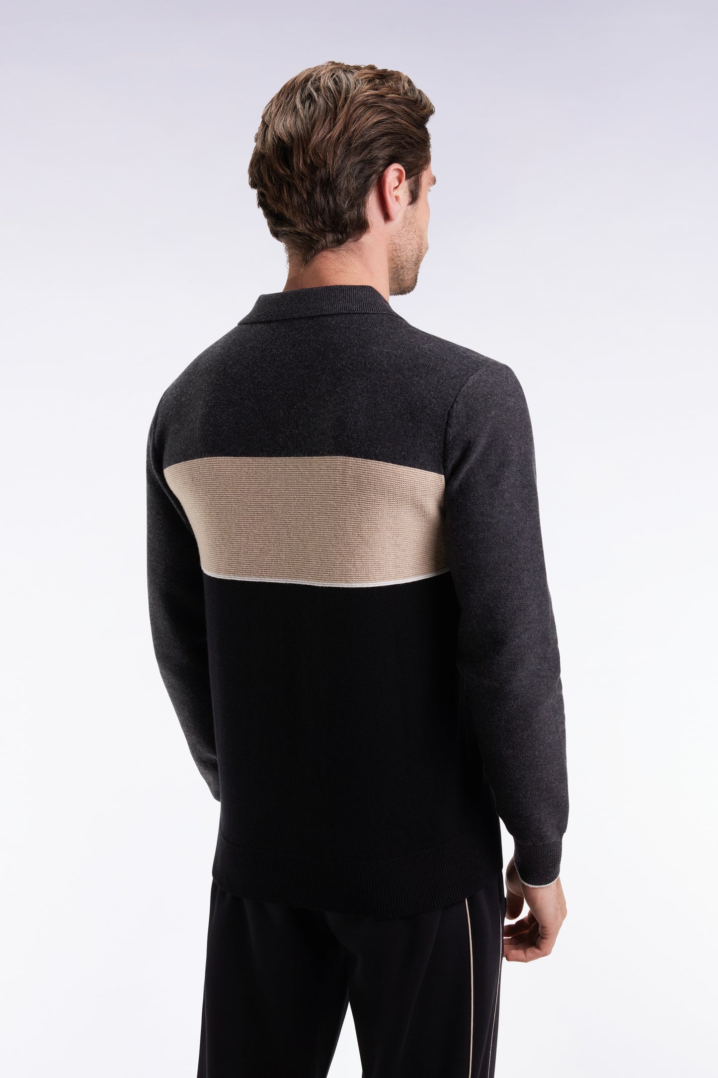 Black, grey and beige wool and cotton jersey-neck sweater