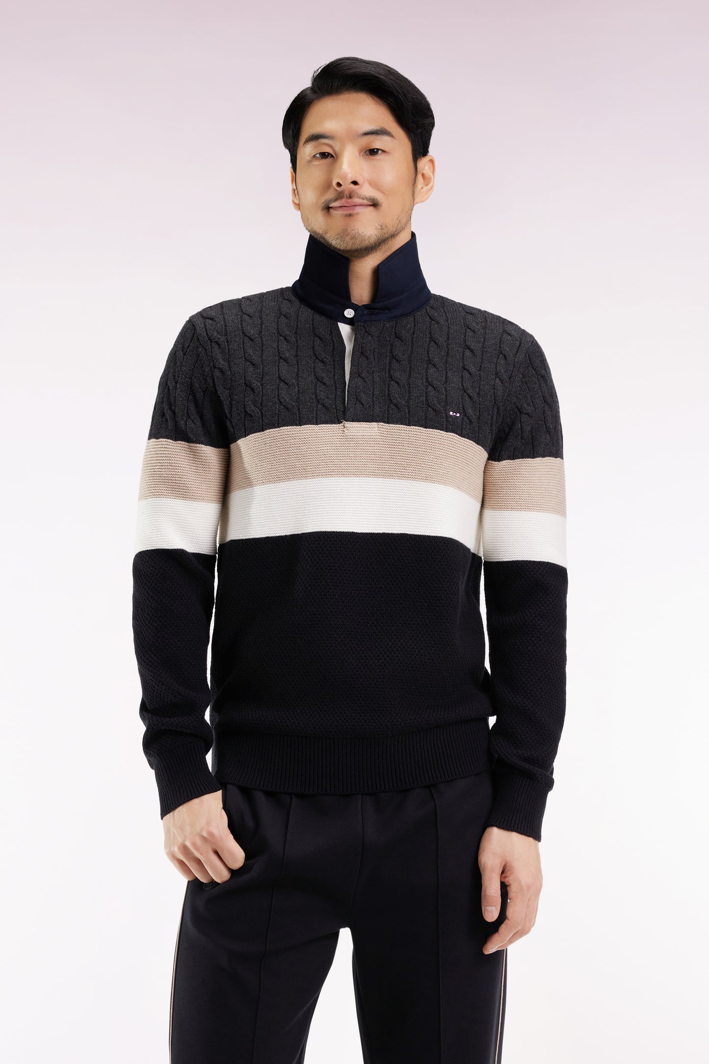 Wool and cotton cable-knit sweater in black and grey