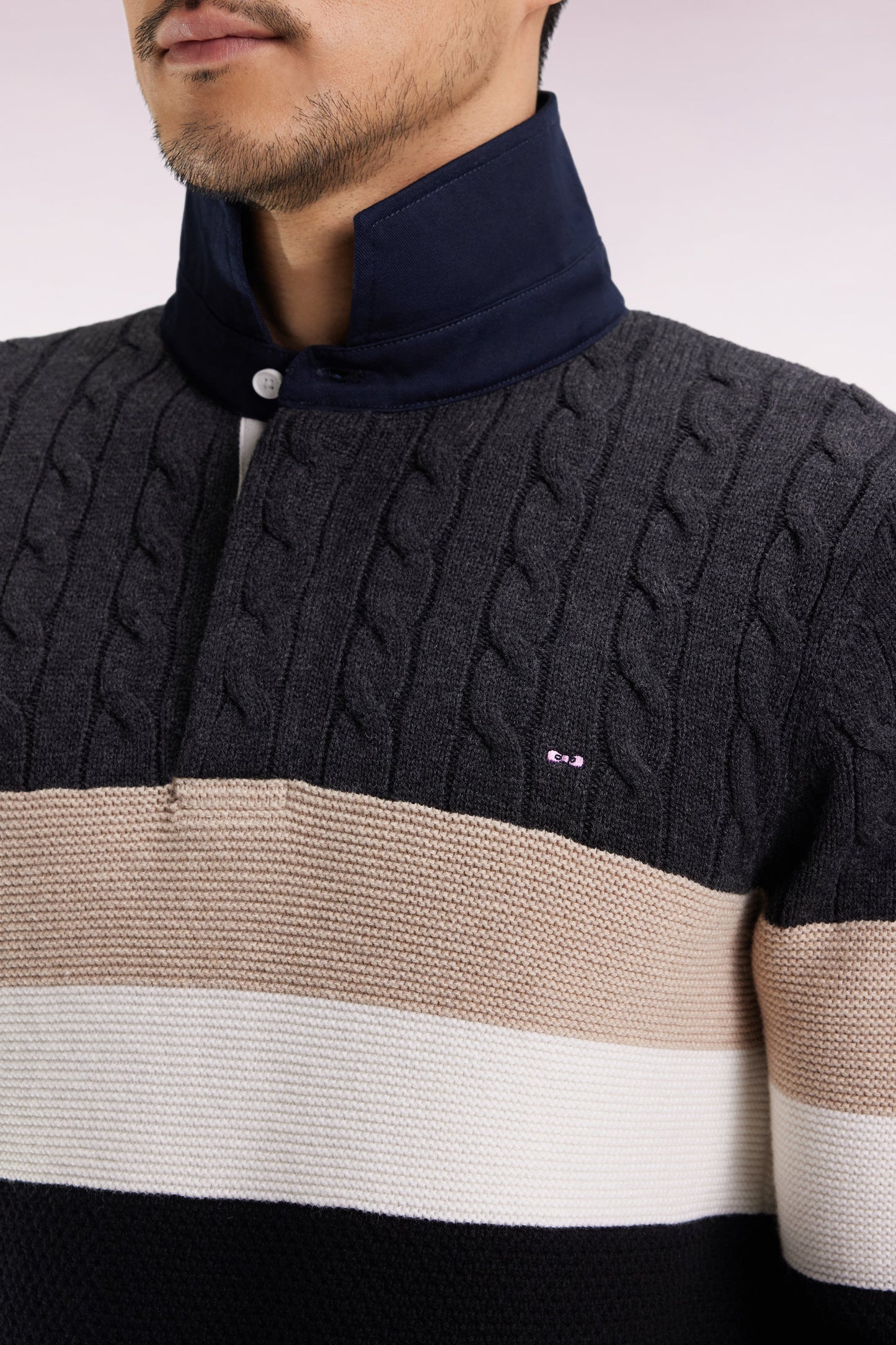 Wool and cotton cable-knit sweater in black and grey