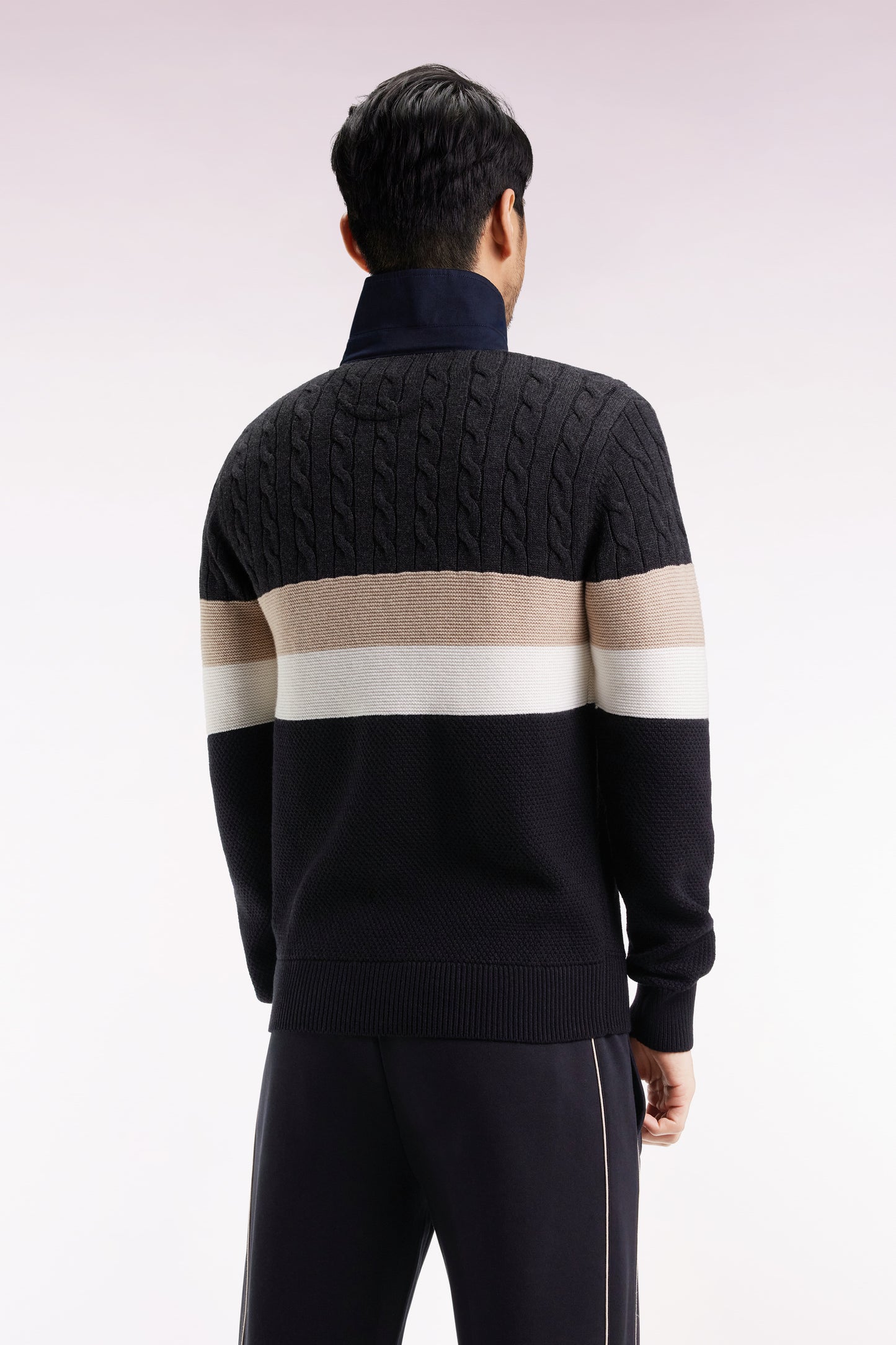 Wool and cotton cable-knit sweater in black and grey