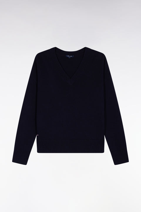 Relaxed fit V-neck sweater in wool and navy cotton - Image 2