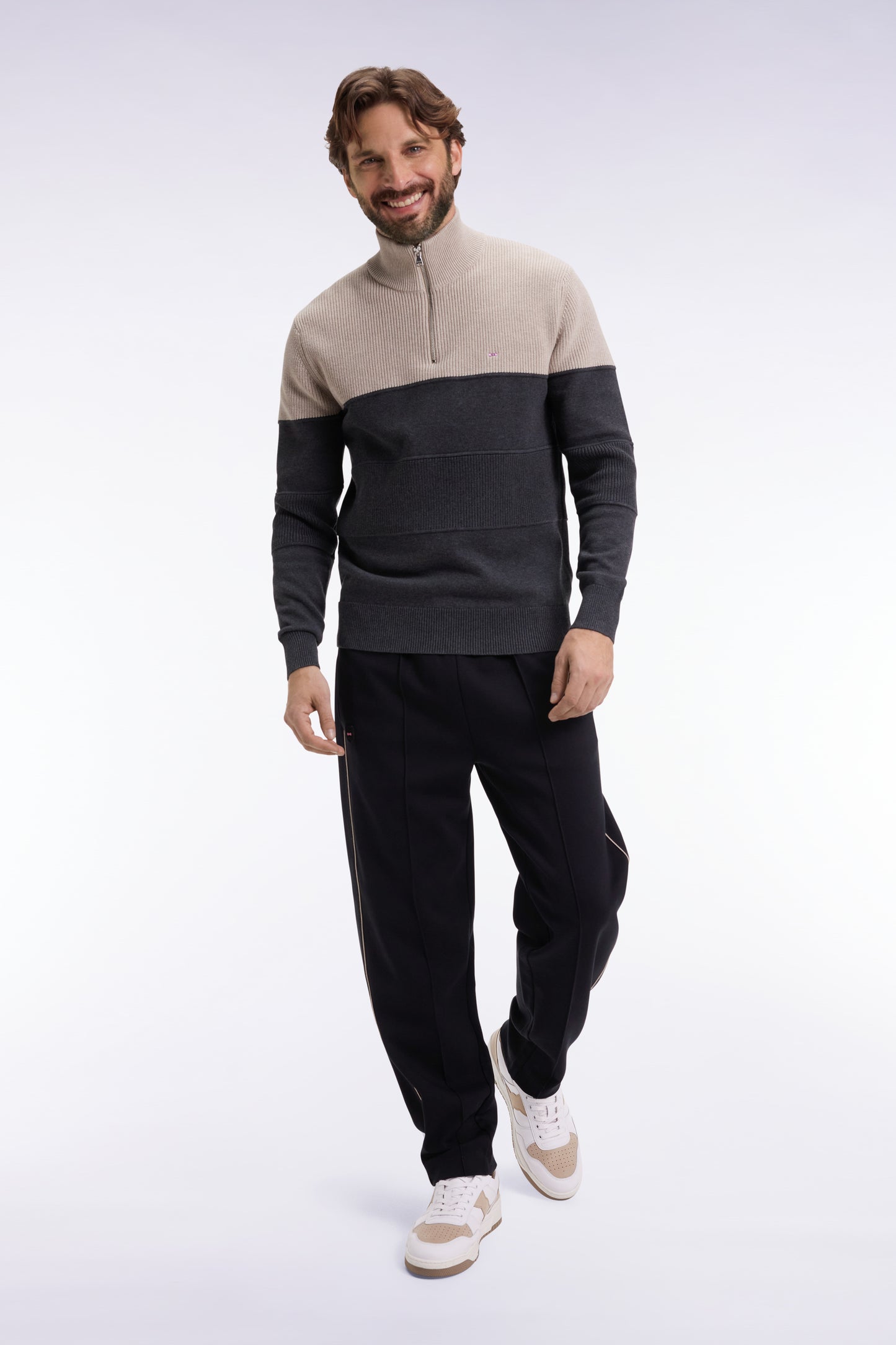 Grey cotton trucker-neck sweater with stripe effect