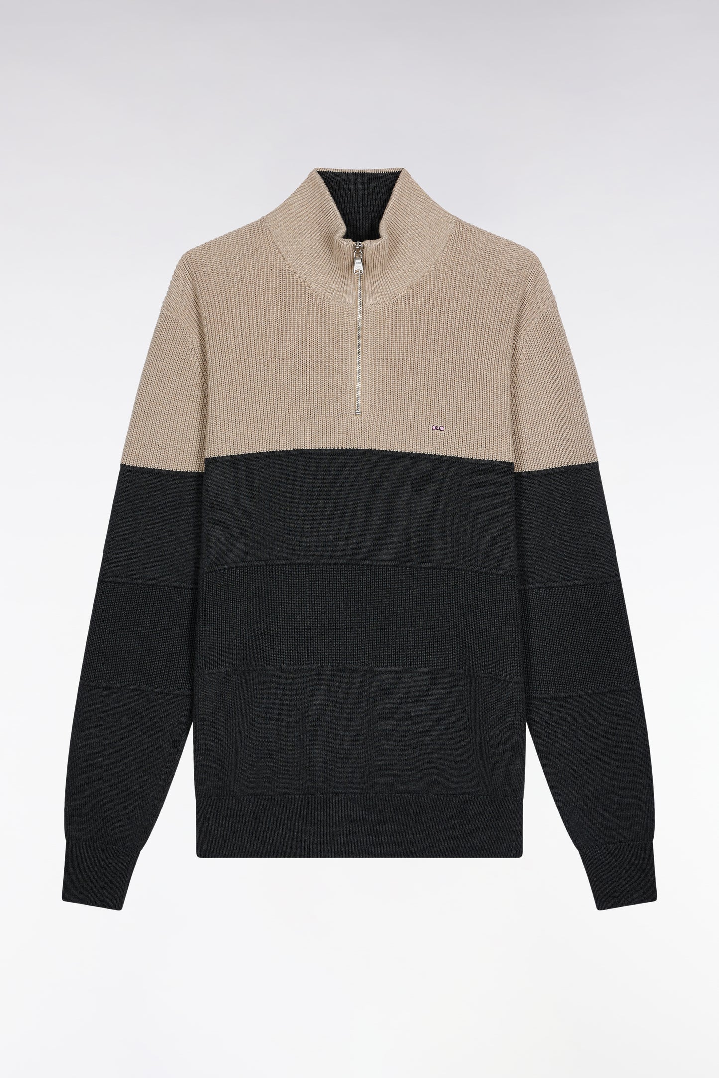 Grey cotton trucker-neck sweater with stripe effect