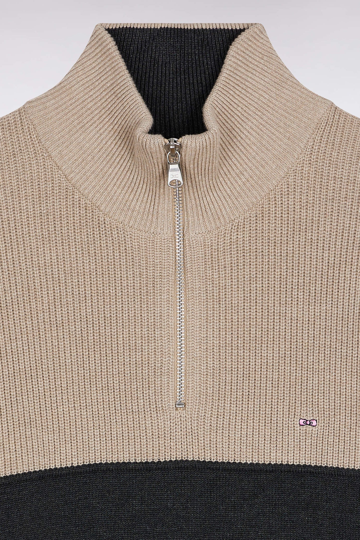 Grey cotton trucker-neck sweater with stripe effect
