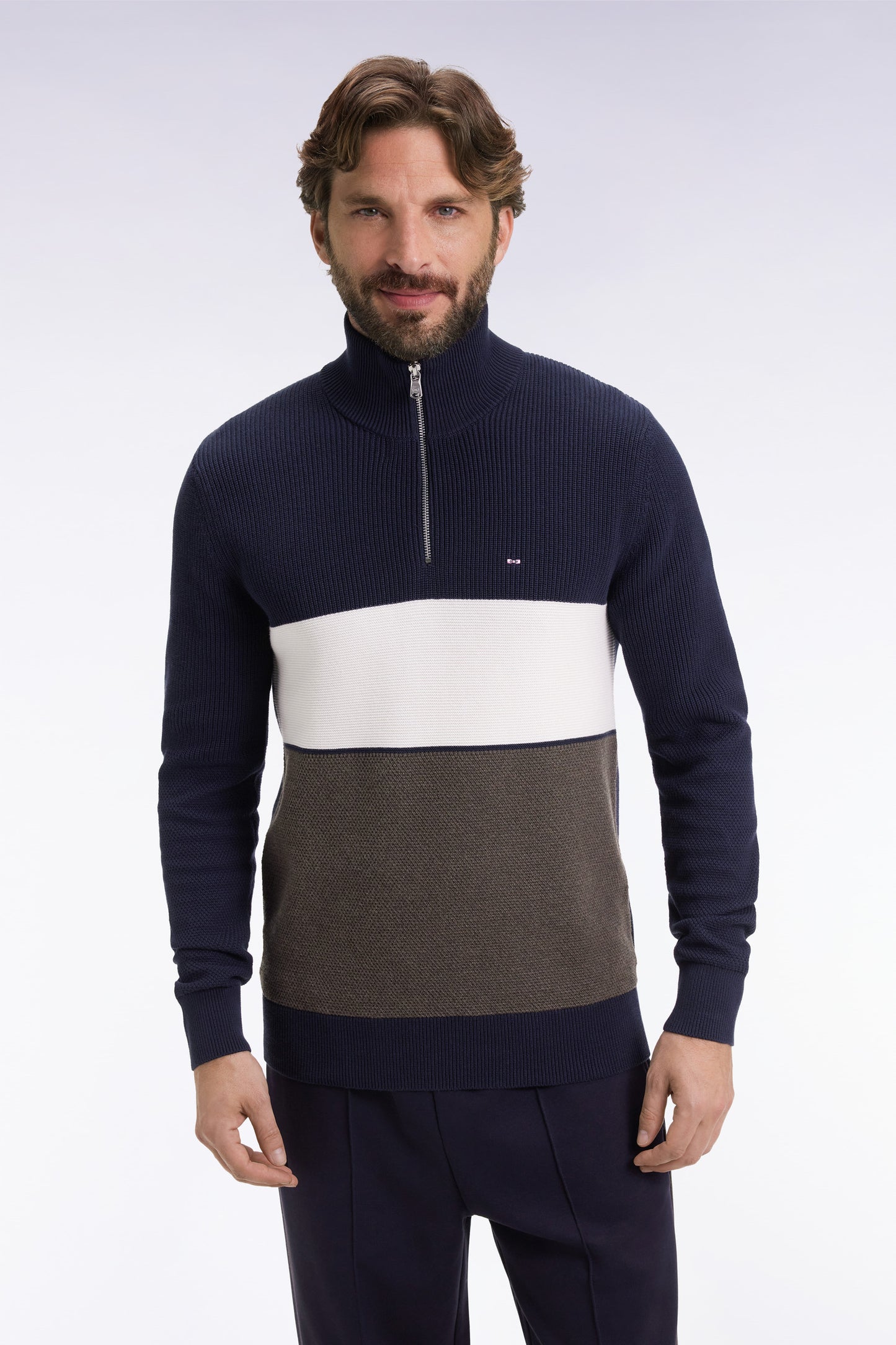 Brown and navy cotton trucker-neck sweater with stripe effect