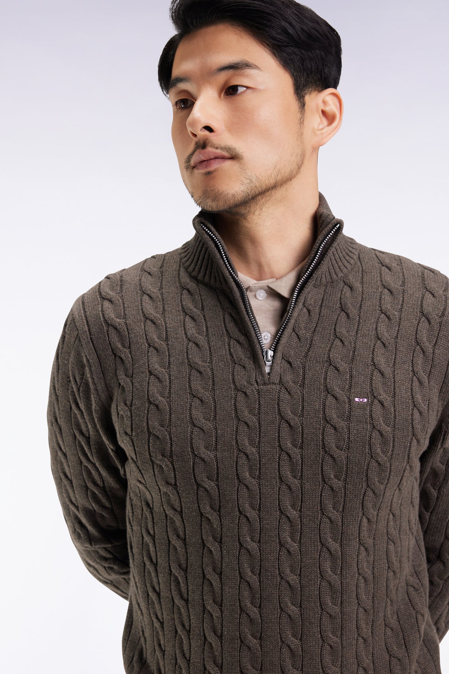 Brown twisted cotton trucker-neck sweater