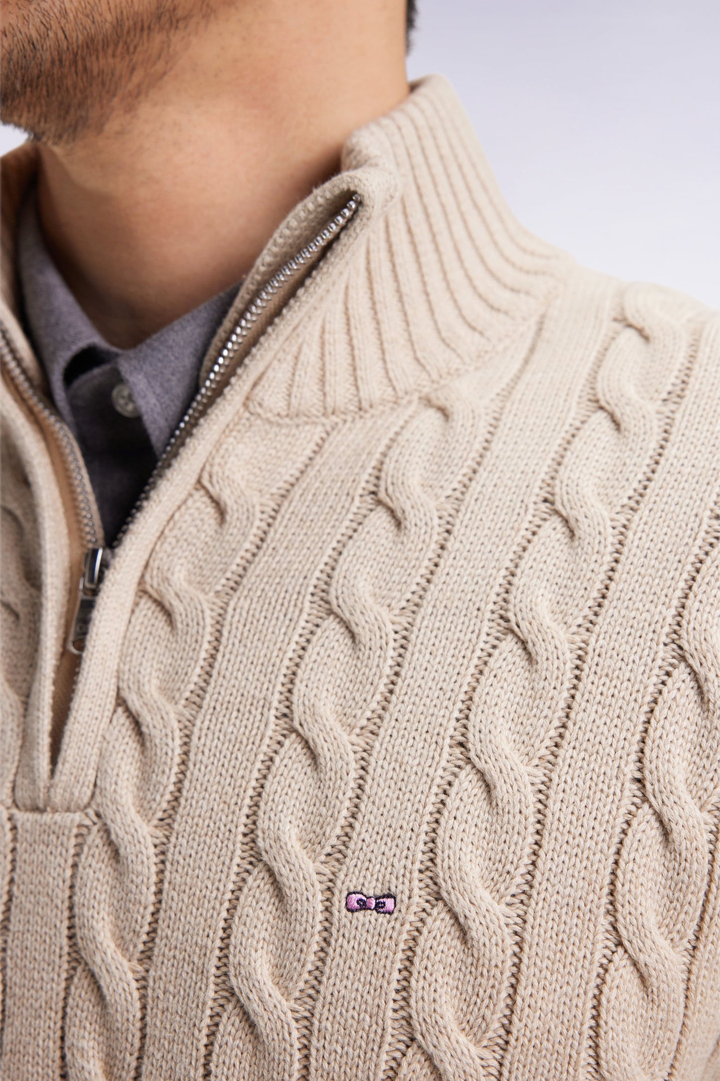 Beige cotton trucker-neck sweater