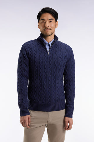 Truck-neck sweater in navy cotton twill