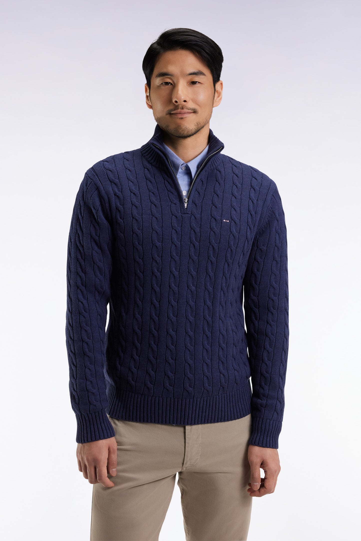 Truck-neck sweater in navy cotton twill