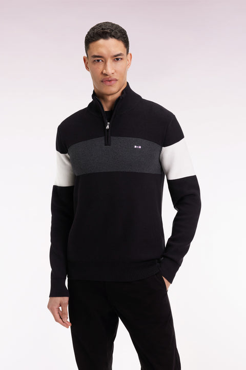 Black cotton trucker-neck sweater with back embroidery - Image 3