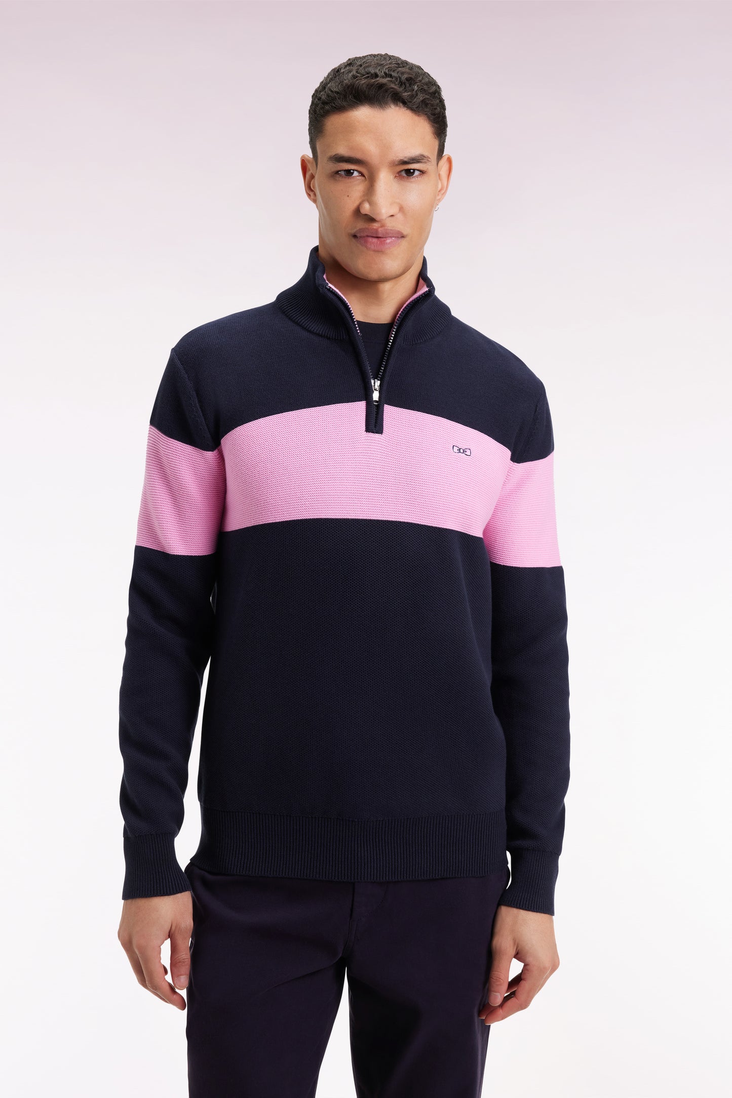 Navy cotton trucker-neck sweater with back embroidery