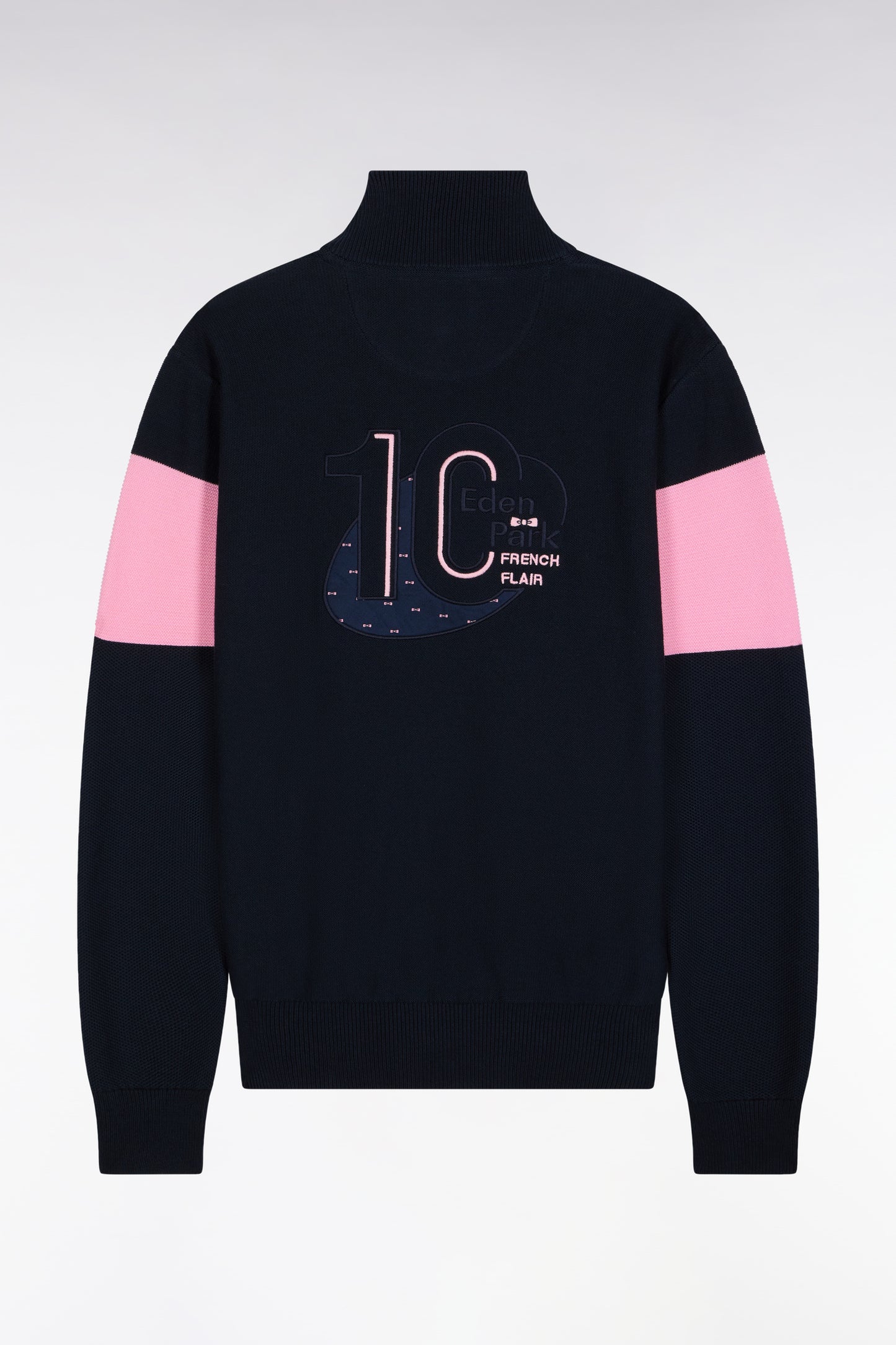 Navy cotton trucker-neck sweater with back embroidery
