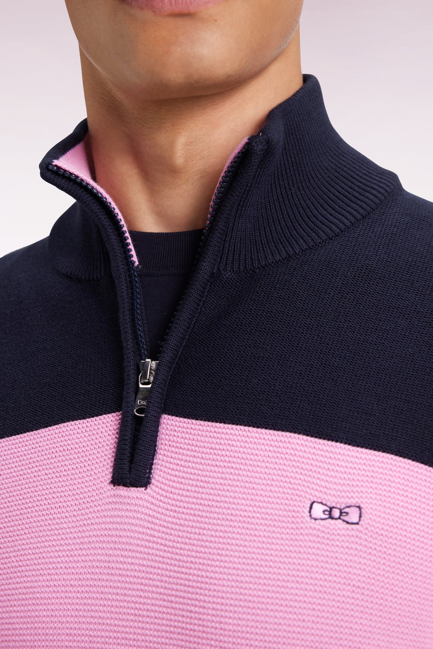 Navy cotton trucker-neck sweater with back embroidery