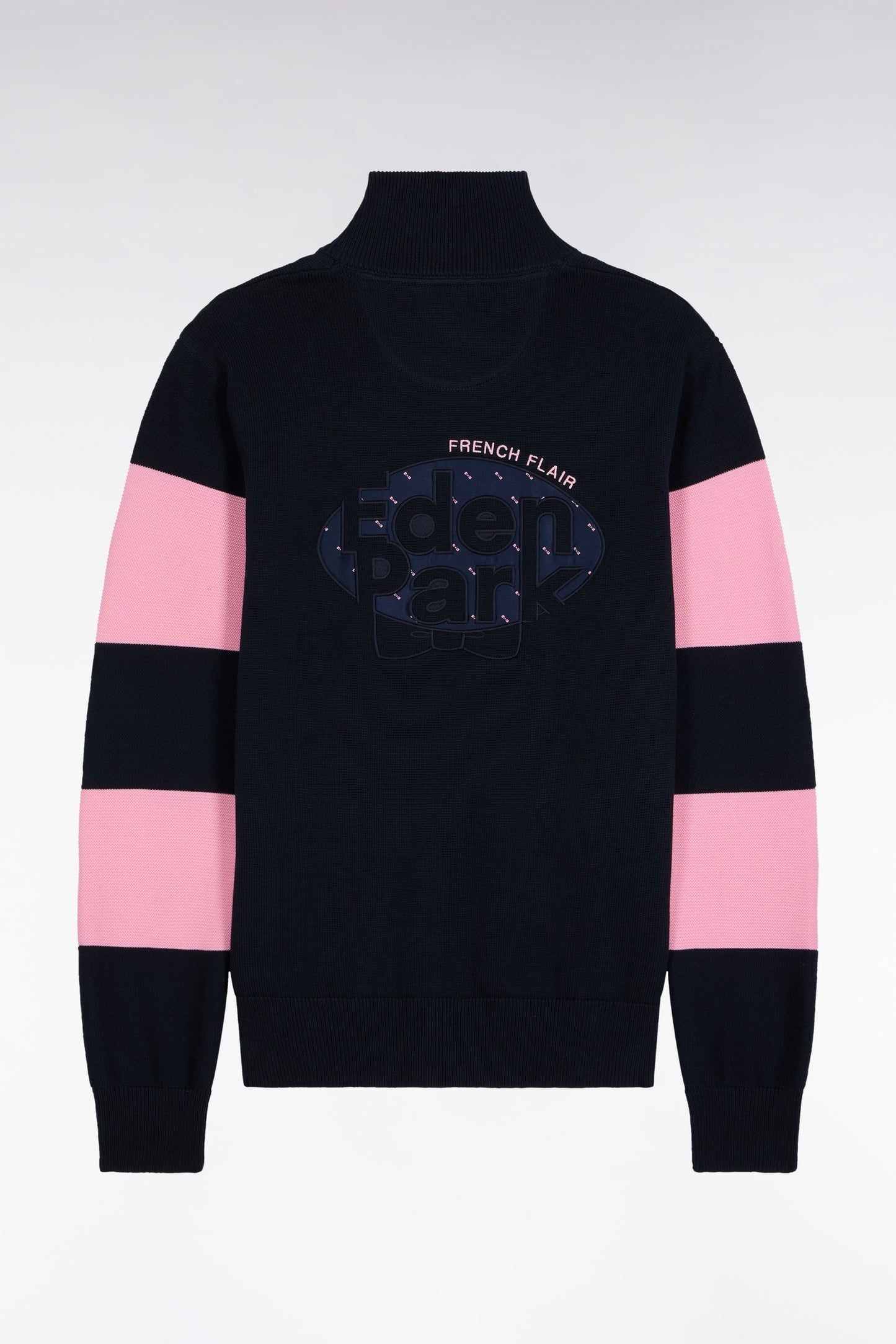 Navy and pink cotton trucker-neck sweater with back embroidery