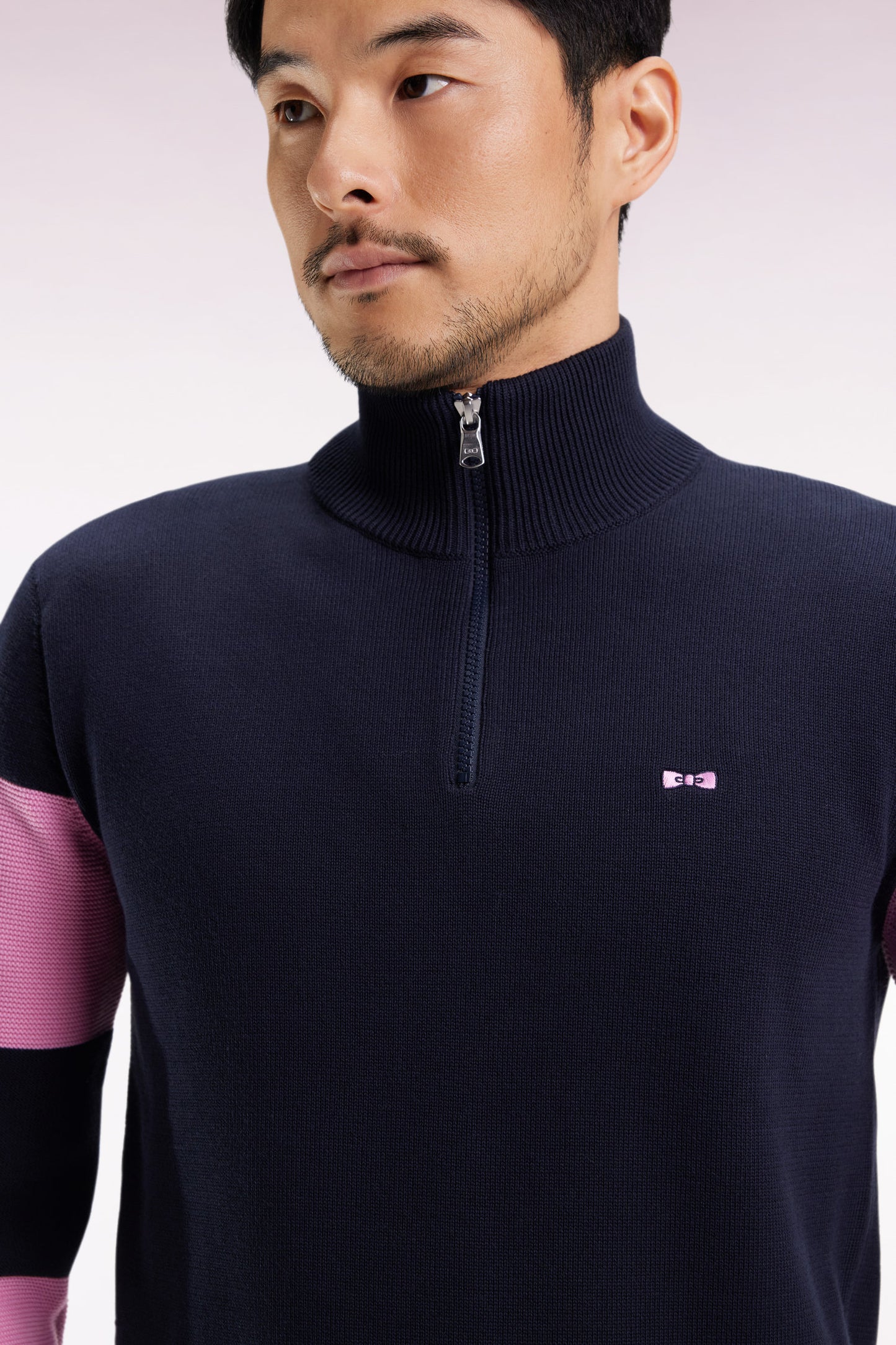 Navy and pink cotton trucker-neck sweater with back embroidery