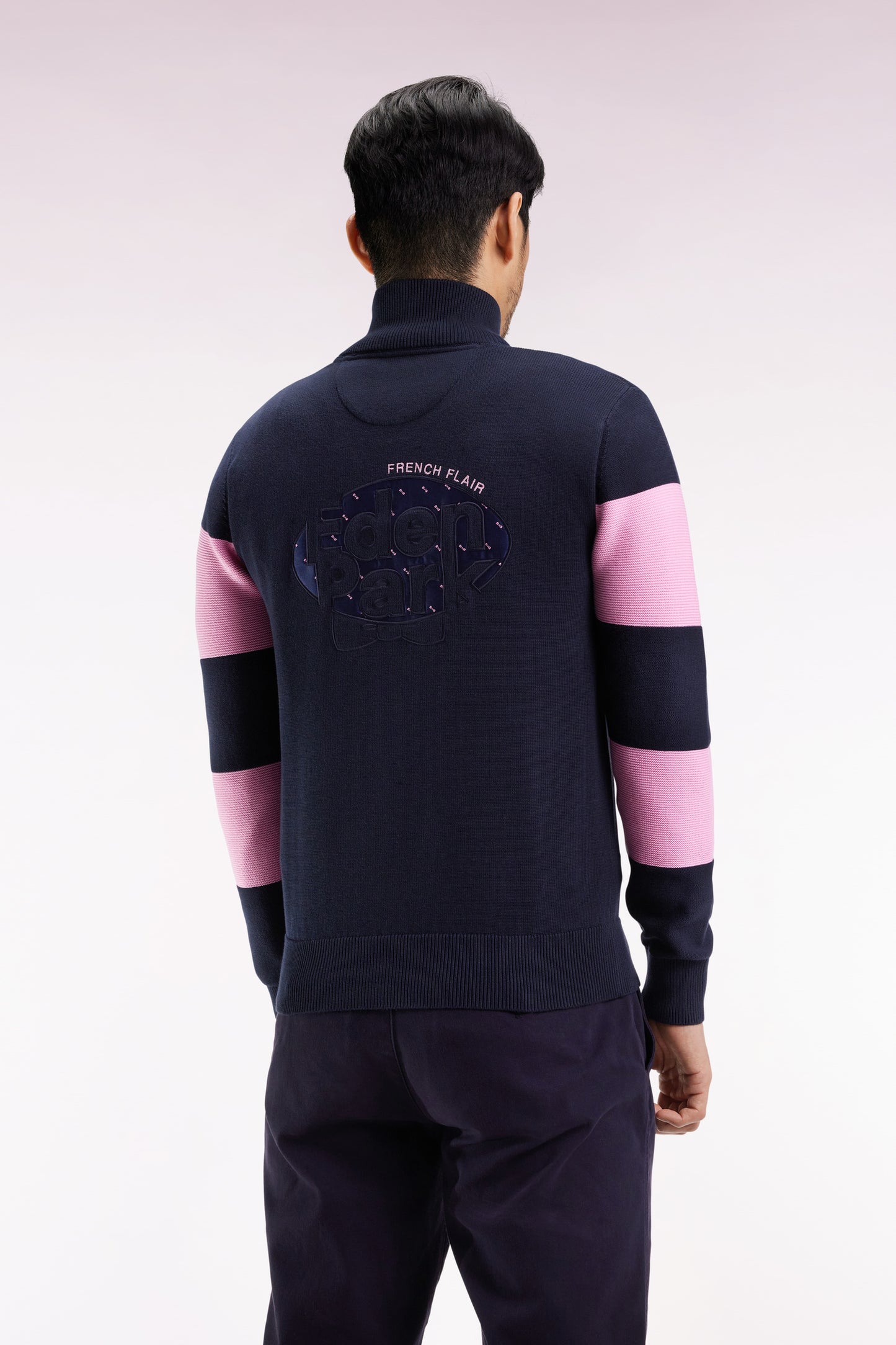 Navy and pink cotton trucker-neck sweater with back embroidery