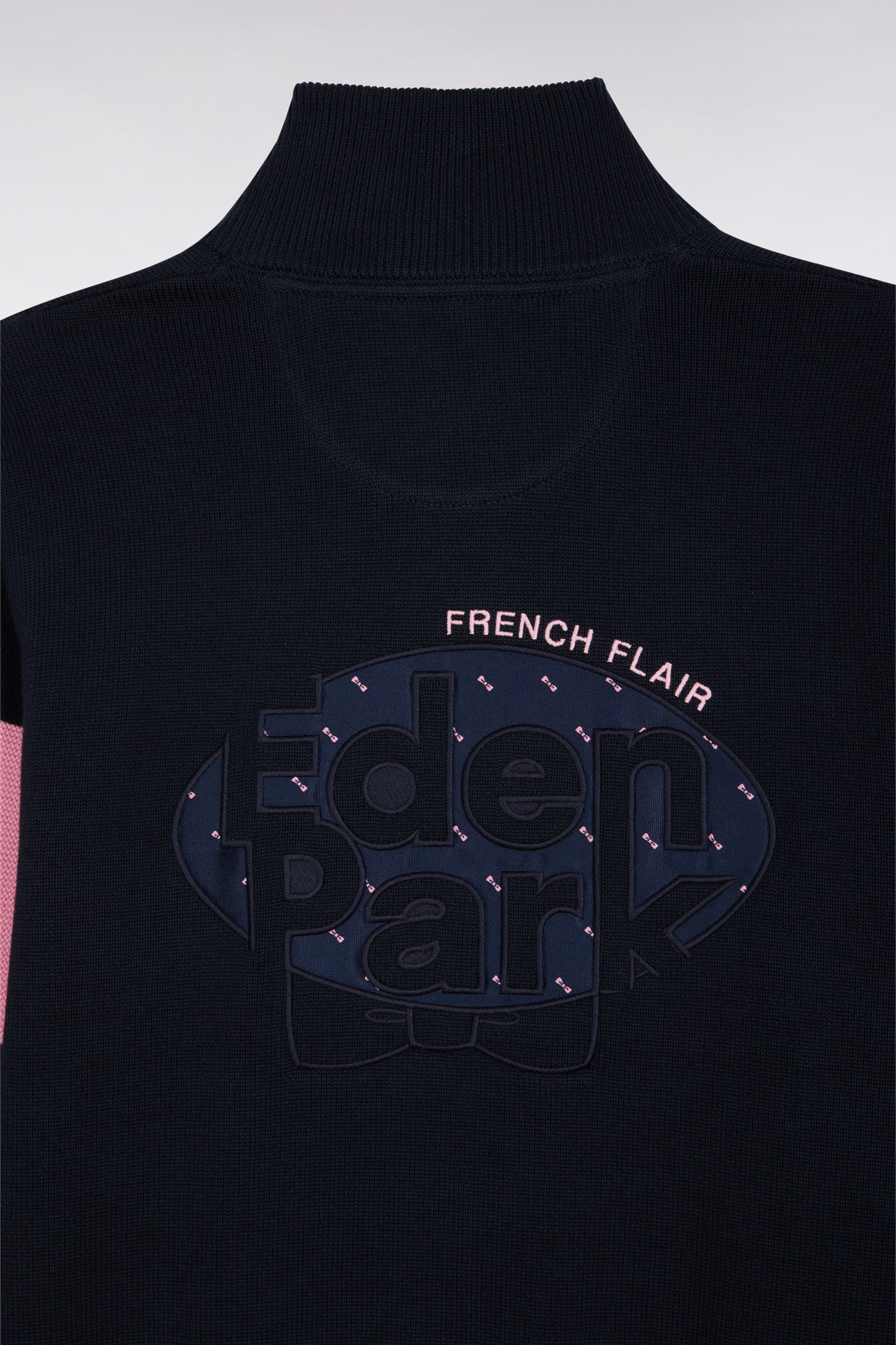 Navy and pink cotton trucker-neck sweater with back embroidery