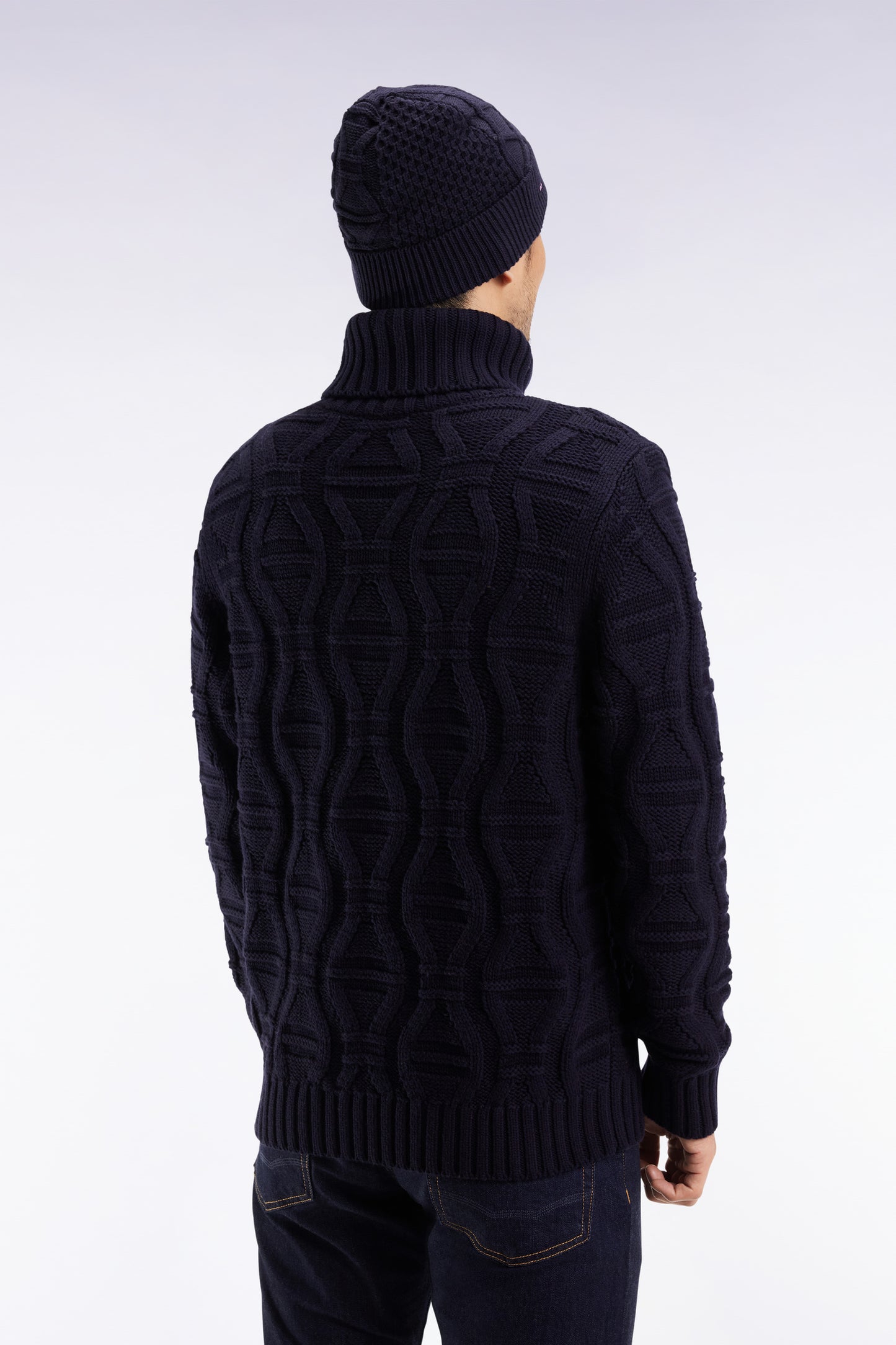 Chunky turtleneck sweater in navy wool and cotton