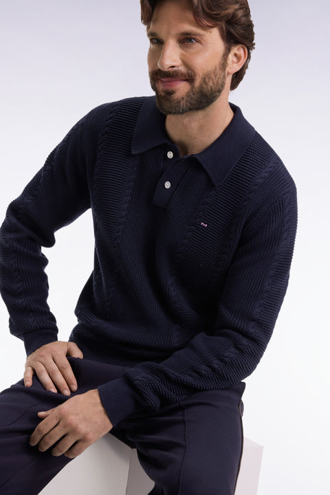 Blue polo-neck sweater in navy cotton - Image 3