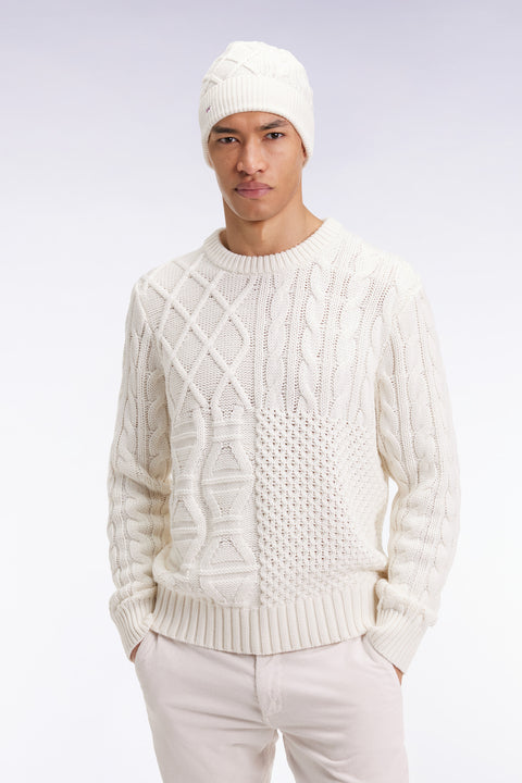 Round-neck wool and cotton cable sweater, white - Image 1