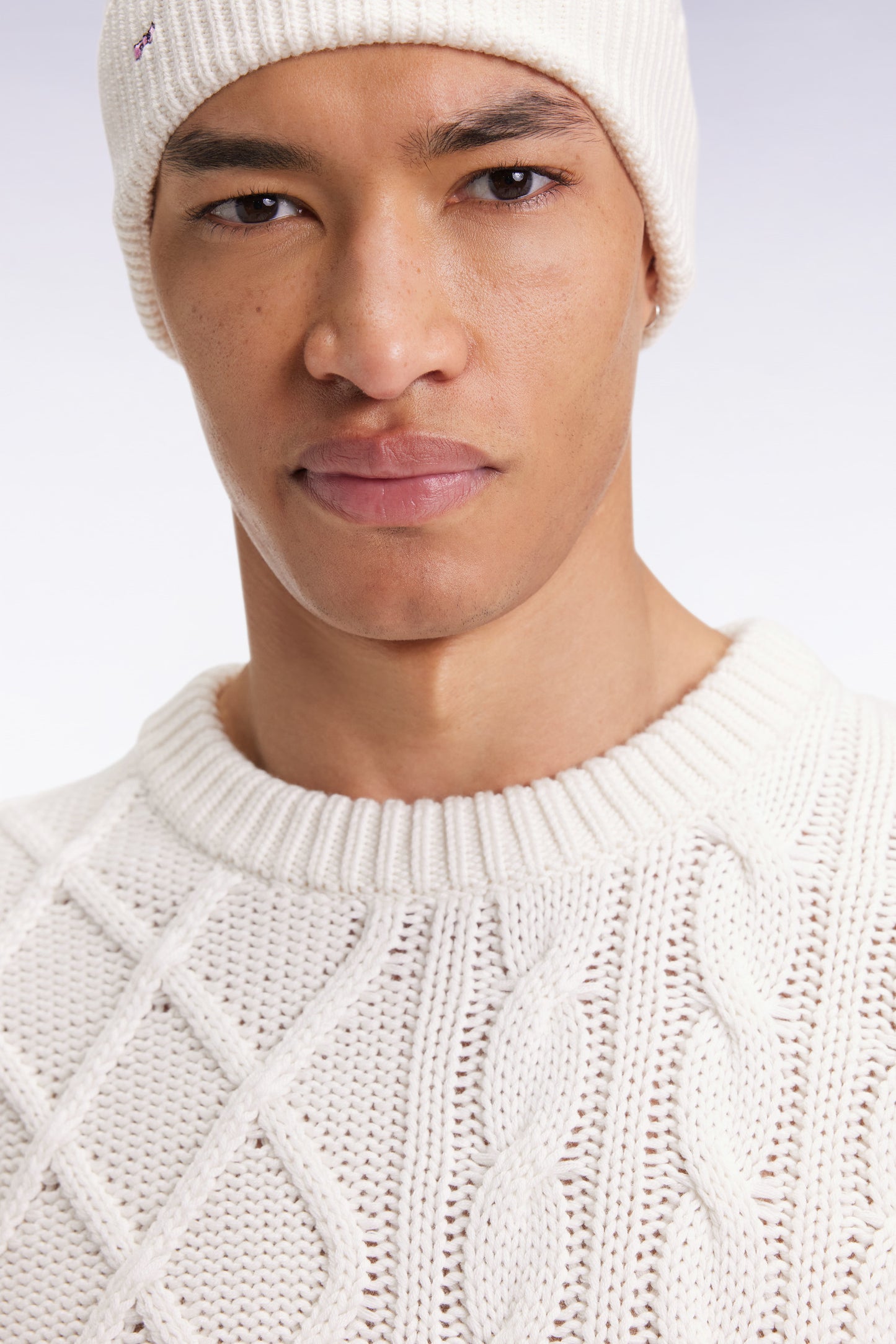 Round-neck wool and cotton cable sweater, white