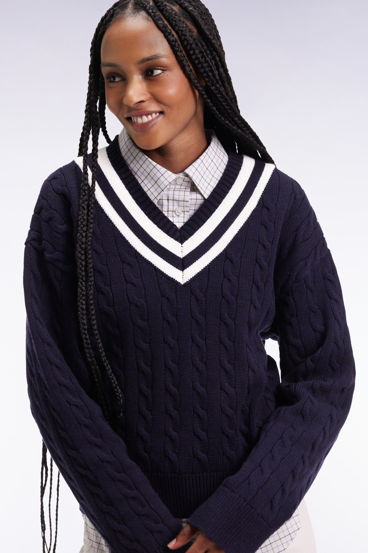 Oversized V-neck cricket sweater in wool and navy cotton