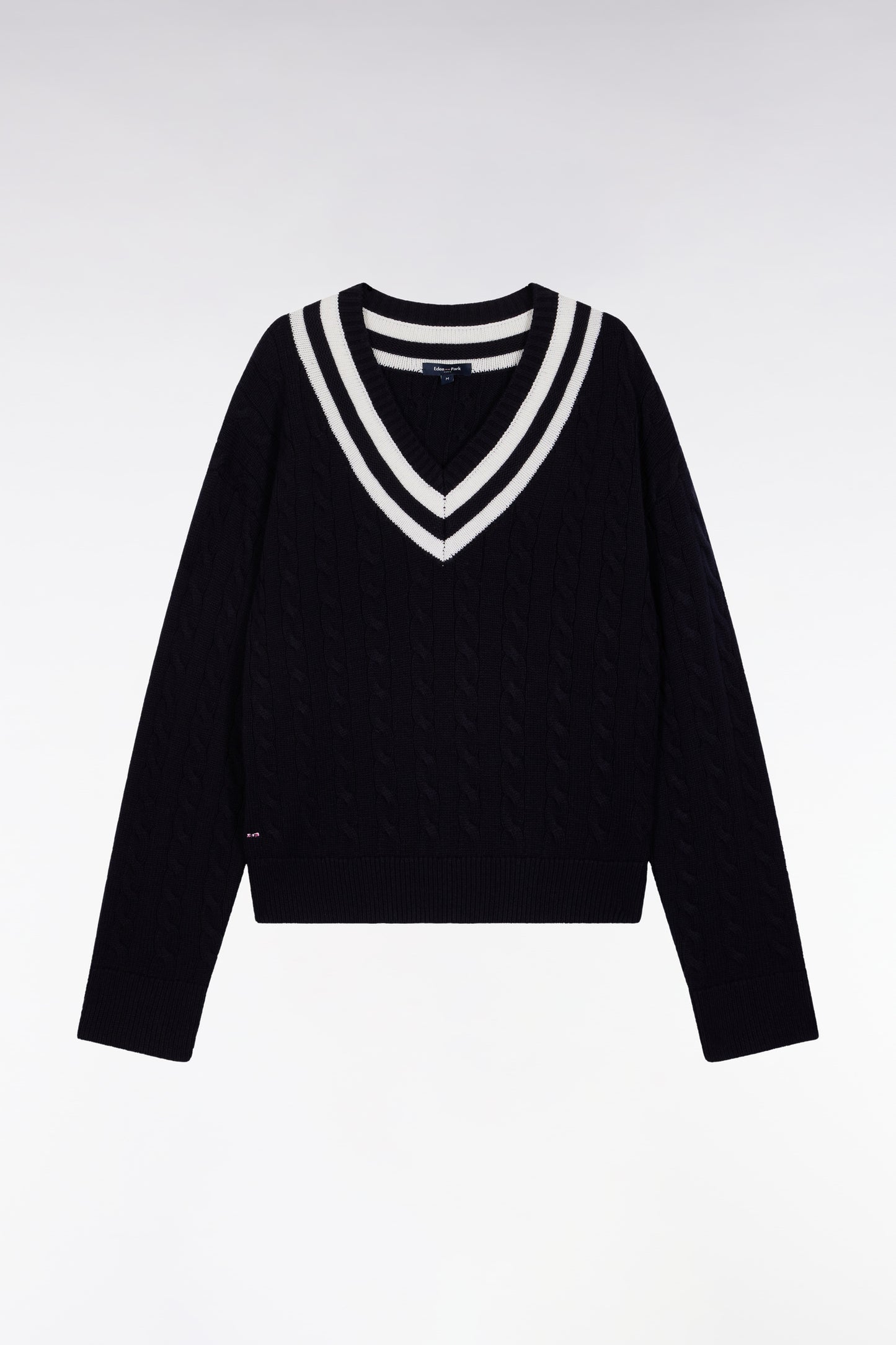 Oversized V-neck cricket sweater in wool and navy cotton