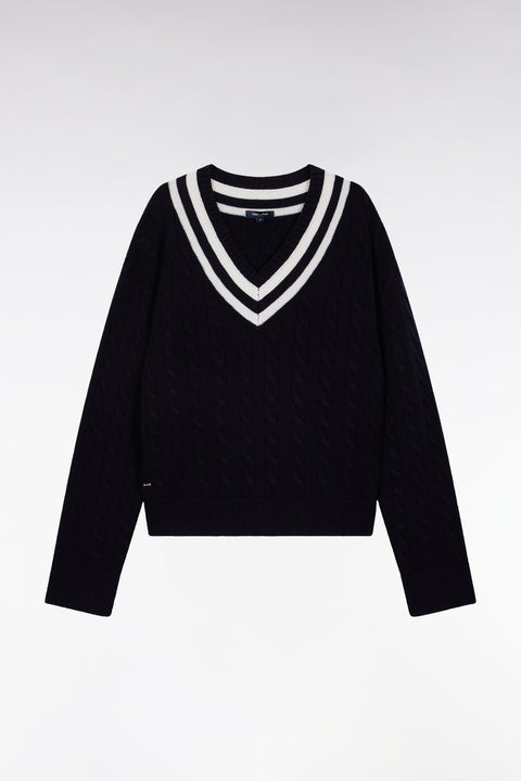 Oversized V-neck cricket sweater in wool and navy cotton - Image 2