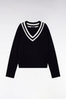 Oversized V-neck cricket sweater in wool and navy cotton