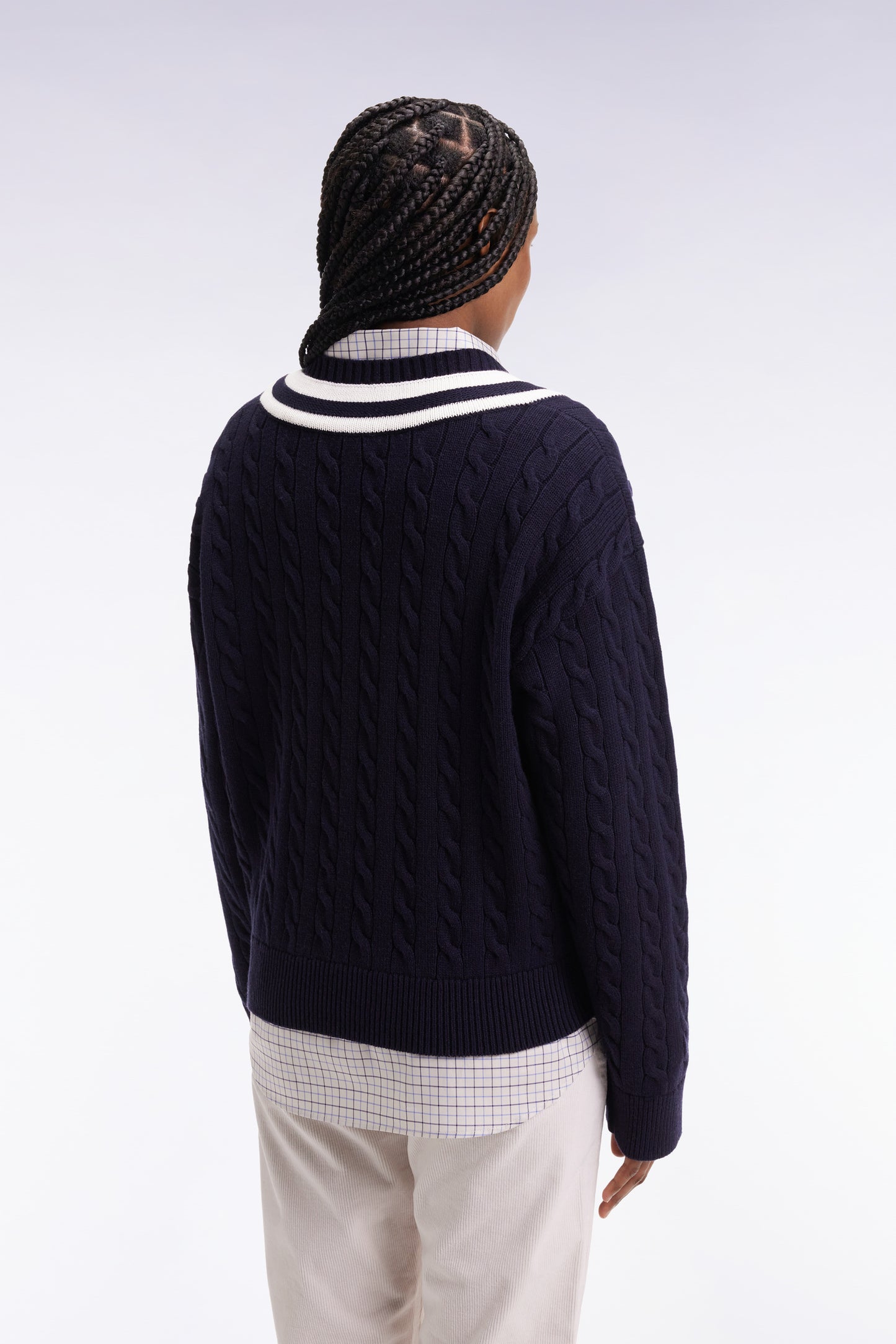 Oversized V-neck cricket sweater in wool and navy cotton