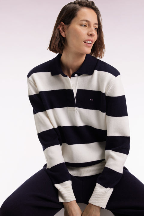 Wool and cotton rugby stripe shirt collar sweater in navy and white Relaxed fit - Image 1