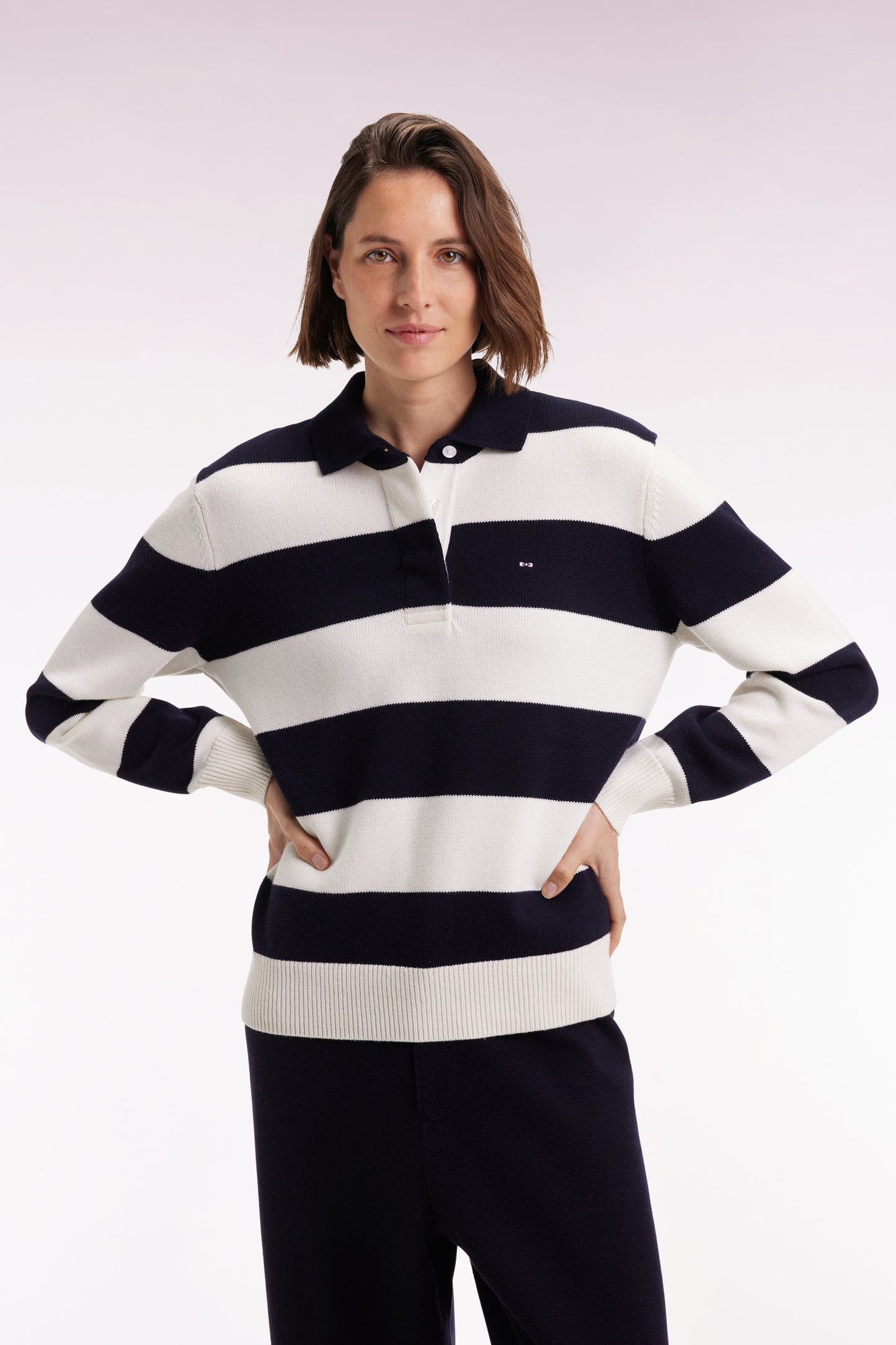 Wool and cotton rugby stripe shirt collar sweater in navy and white Relaxed fit