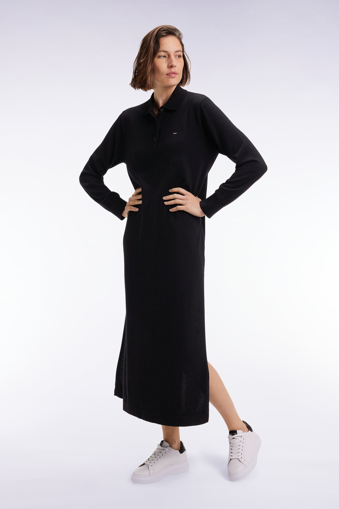 Black merino wool dress with polo collar